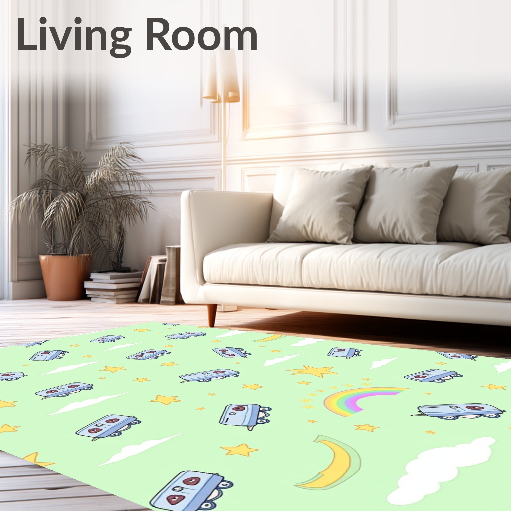 Whimsical Blue Train Stars Rainbow Rug