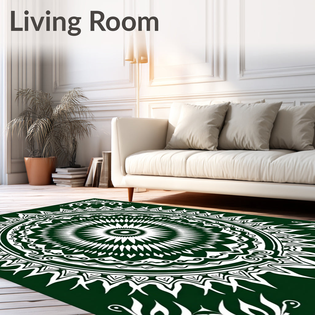 Deep Emerald White Floral Sunburst Mandala Rug