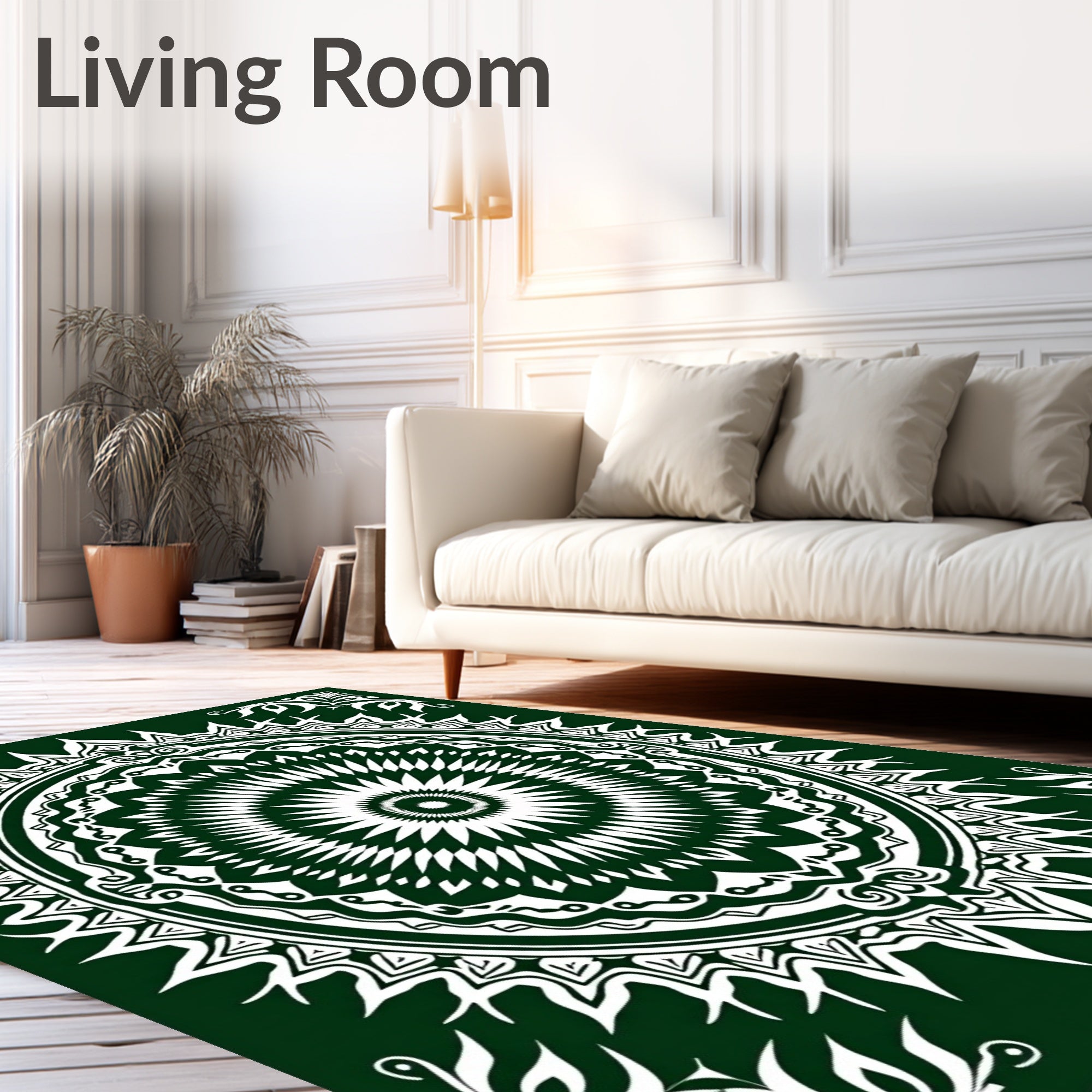 Deep Emerald White Floral Sunburst Mandala Rug