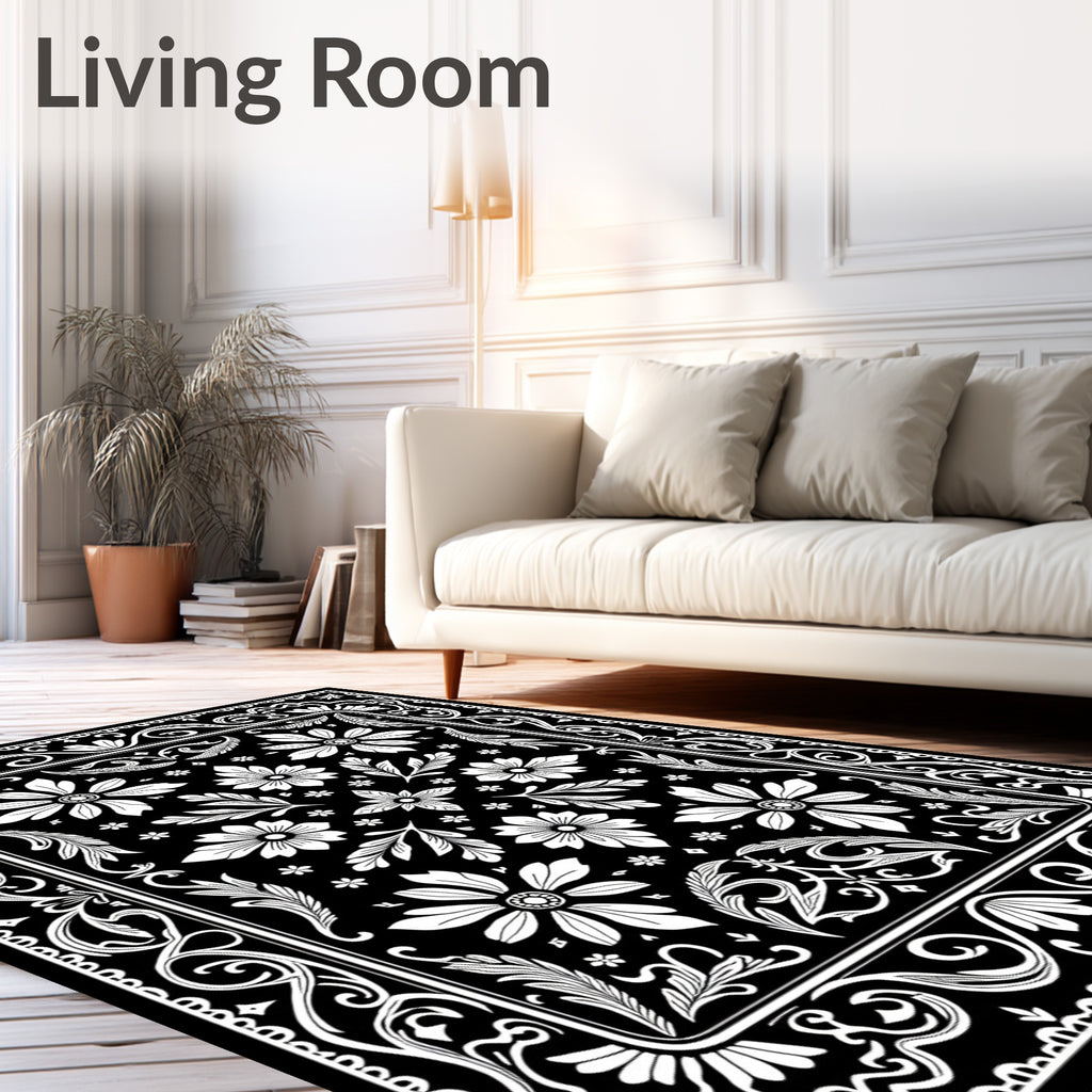 Black White Floral Scroll Medallion Accent Rug