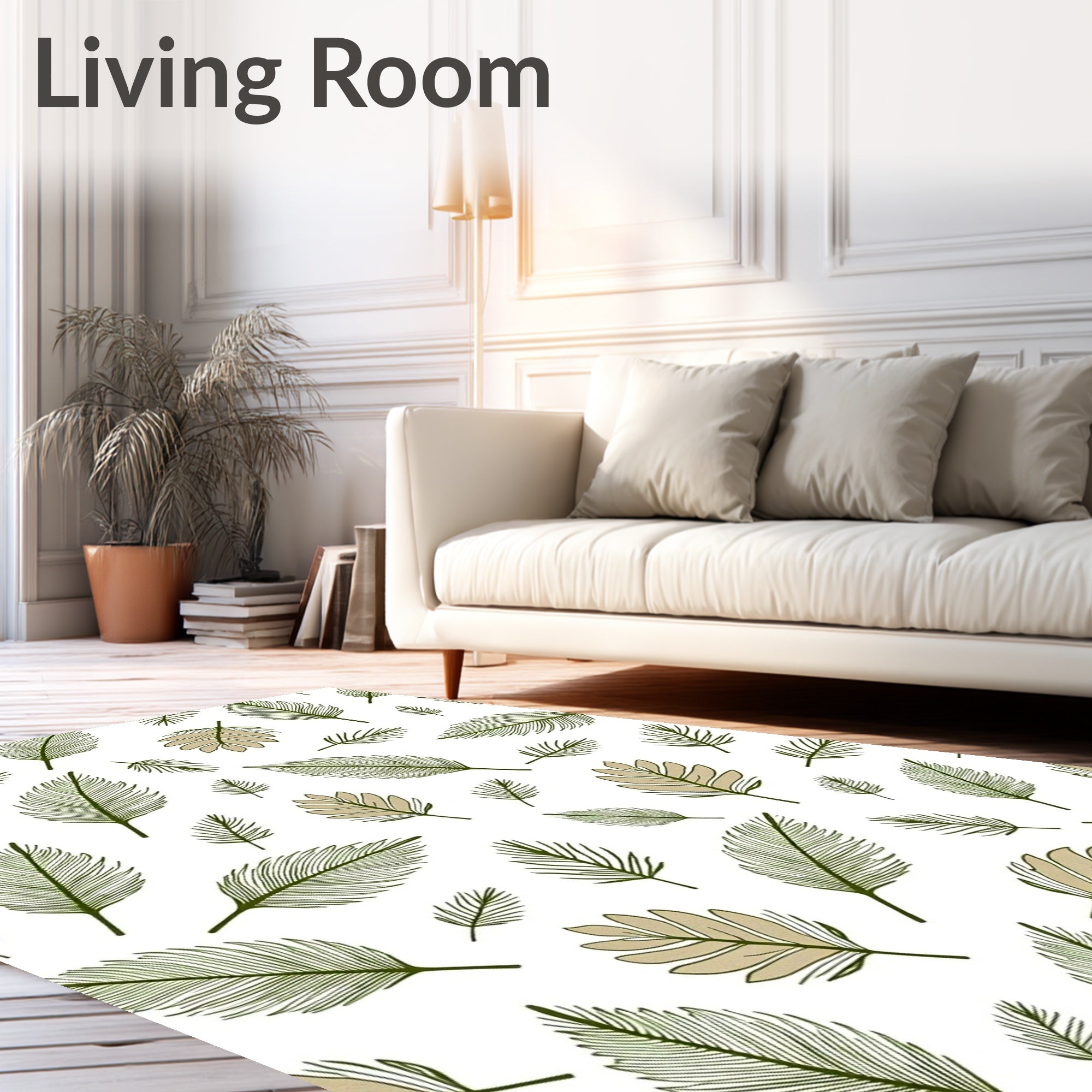 Green Beige Palm Leaf Repeating Pattern Rug