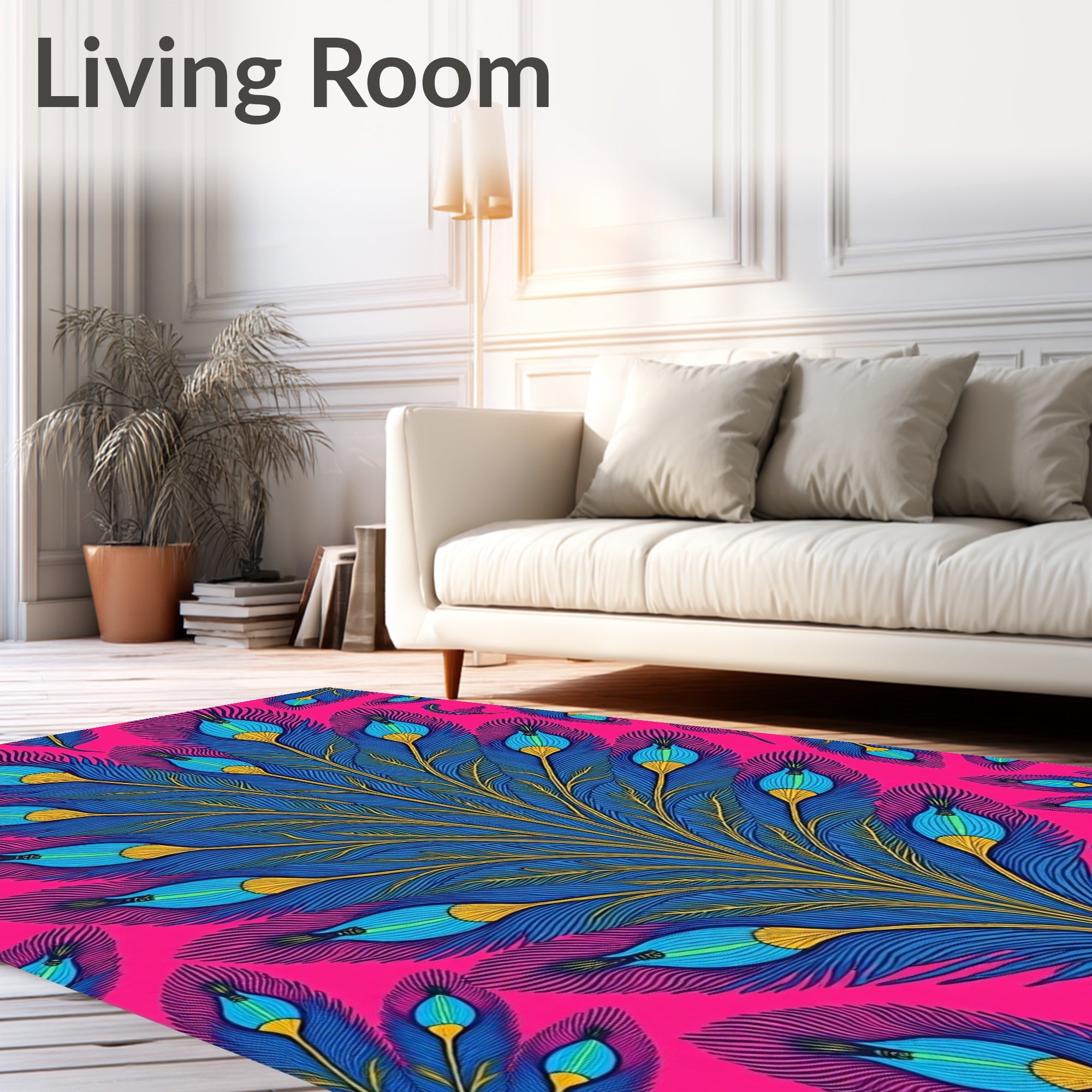Vibrant Blue Yellow Peacock Feather Rug