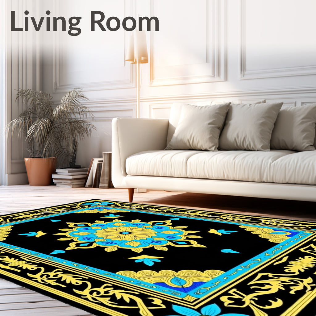 Black Yellow Blue Floral Medallion Rug