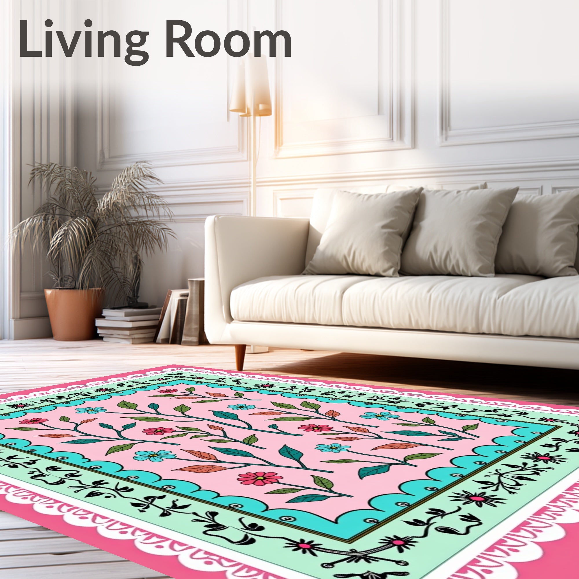 Pink Floral Vines on Pastel Green Background Rug
