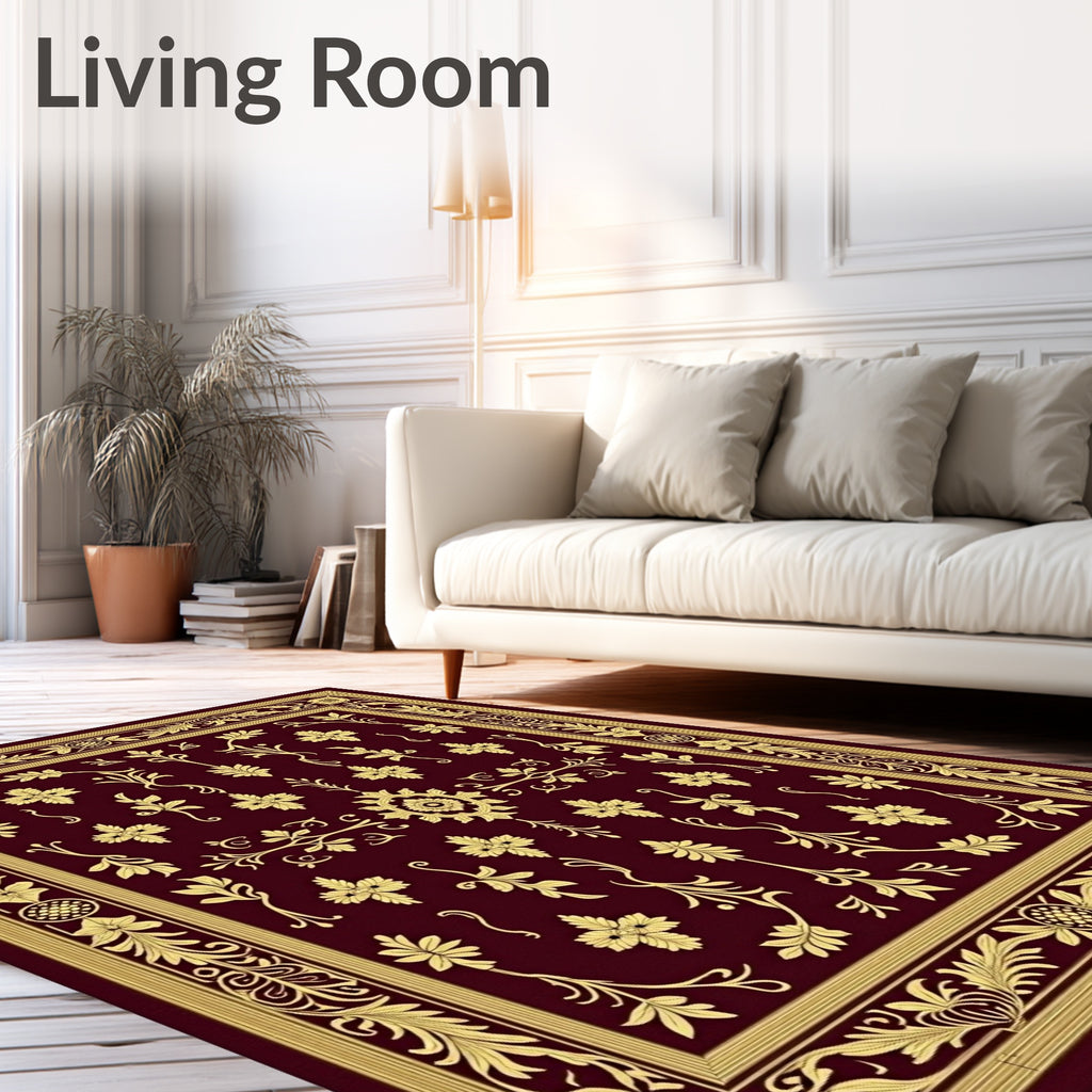 Crimson Gold Floral Scroll Border Rug