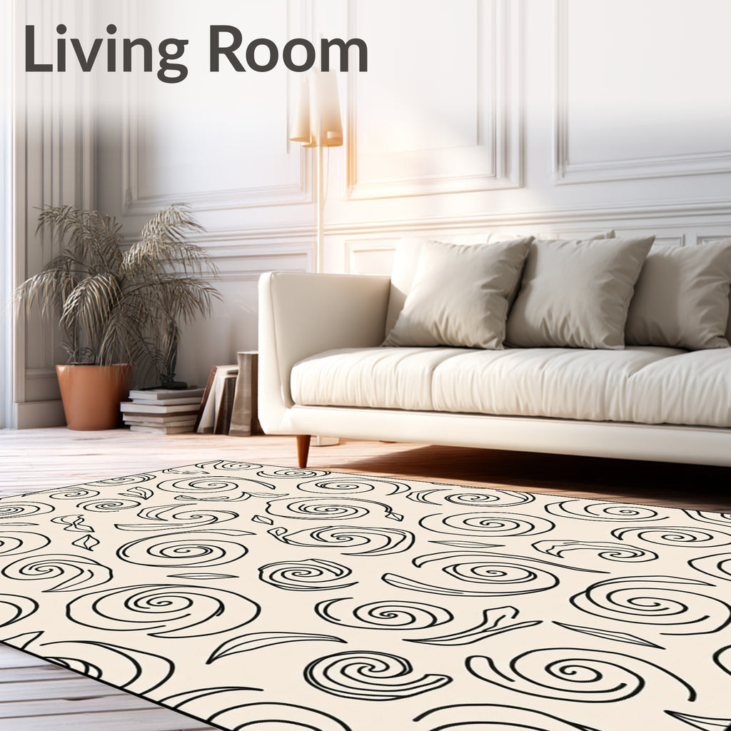 Ecru Black Swirling Filigree Scroll Rug