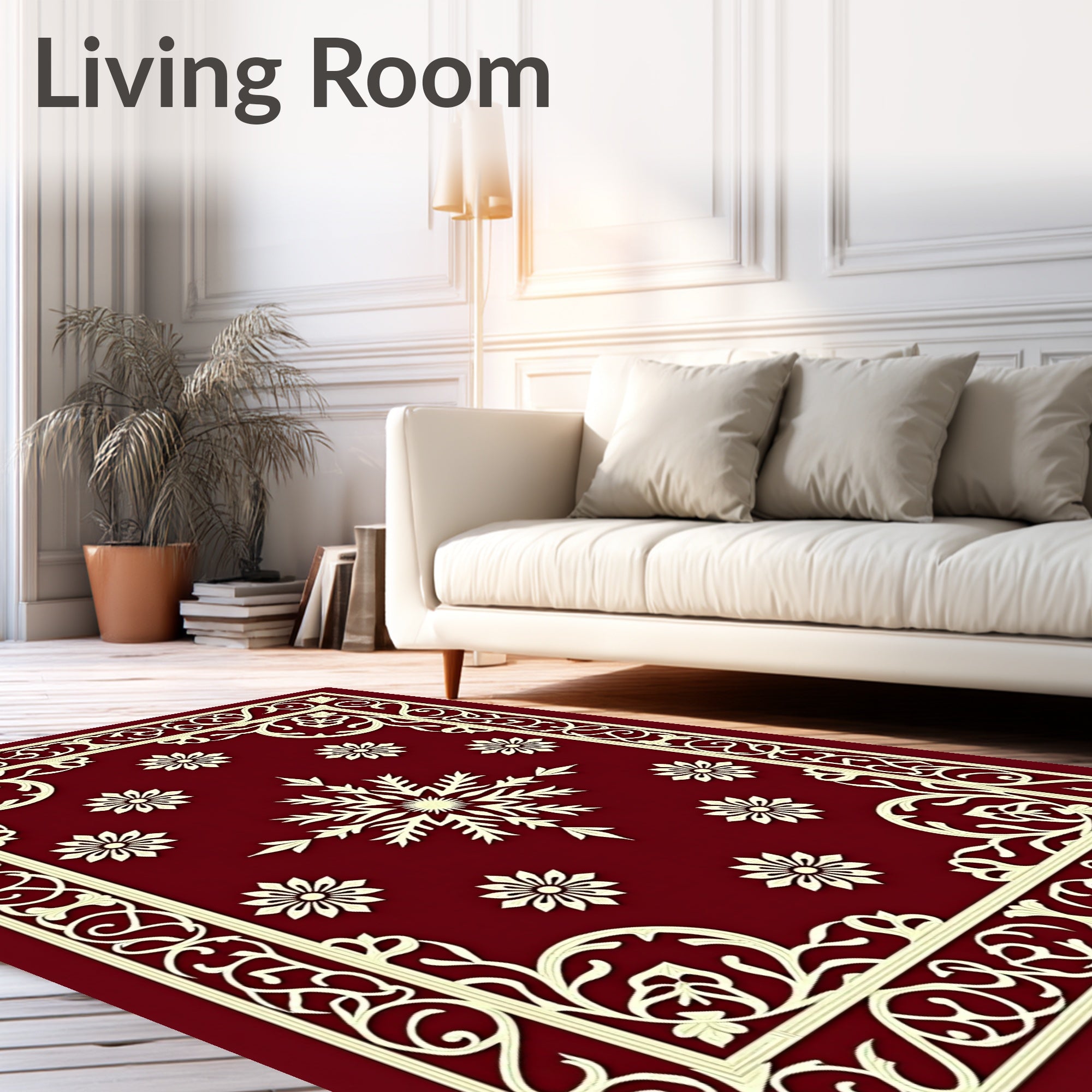 Crimson Floral Snowflake Border Rug