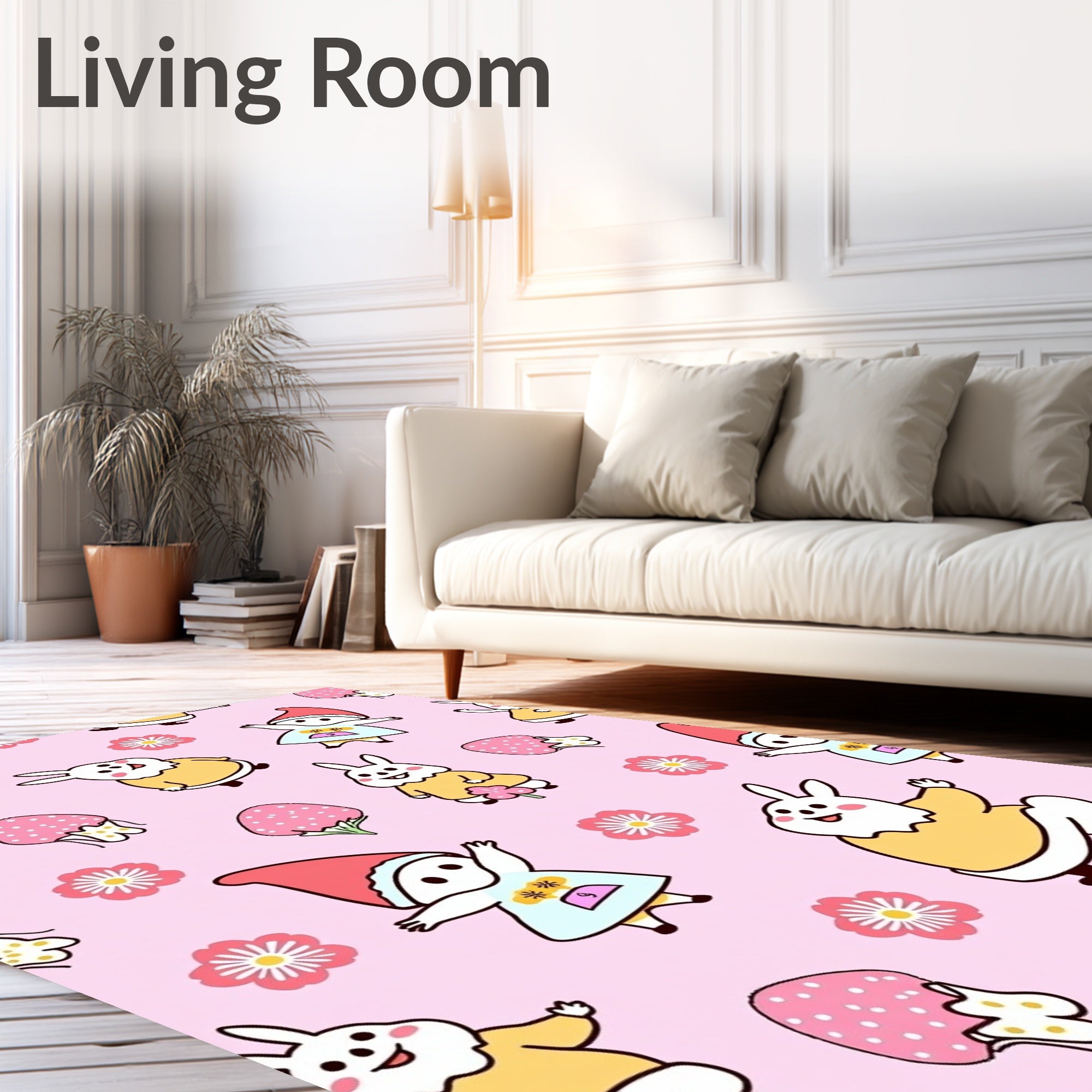 Whimsical Pink Bunny and Gnome Garden Rug