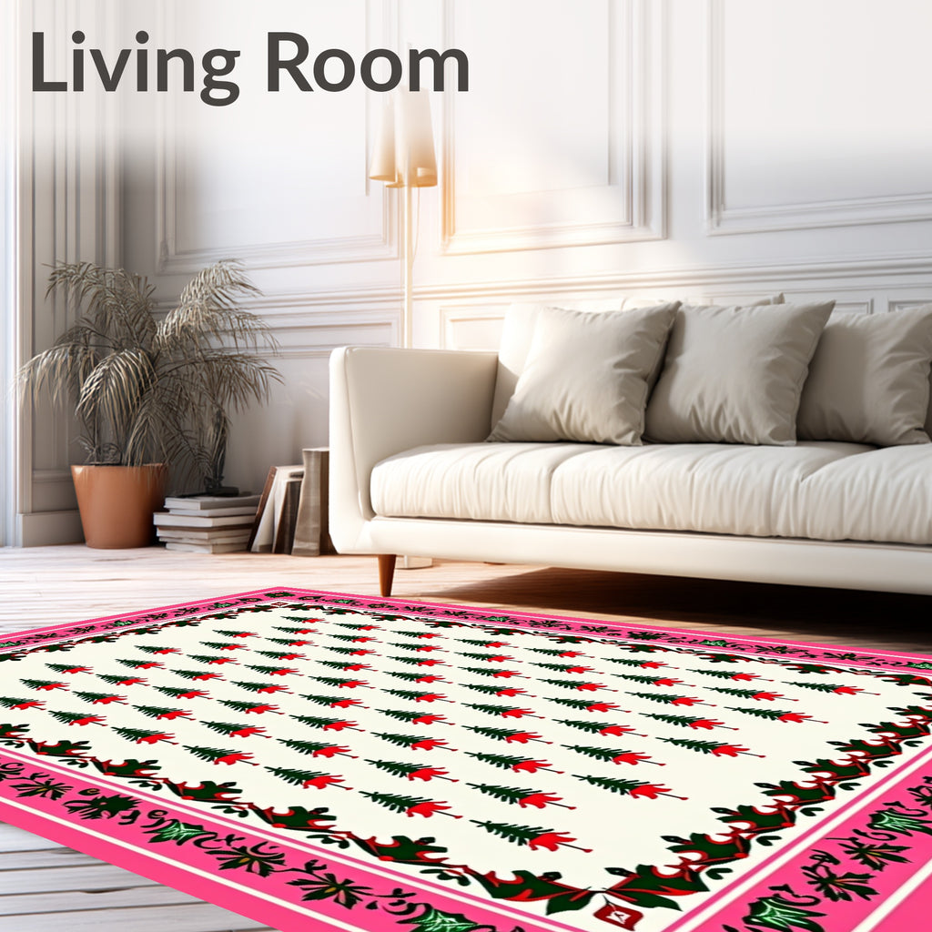 Whimsical Evergreen Trees Pink Border Rug