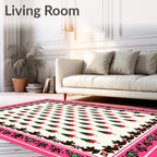 Whimsical Evergreen Trees Pink Border Rug