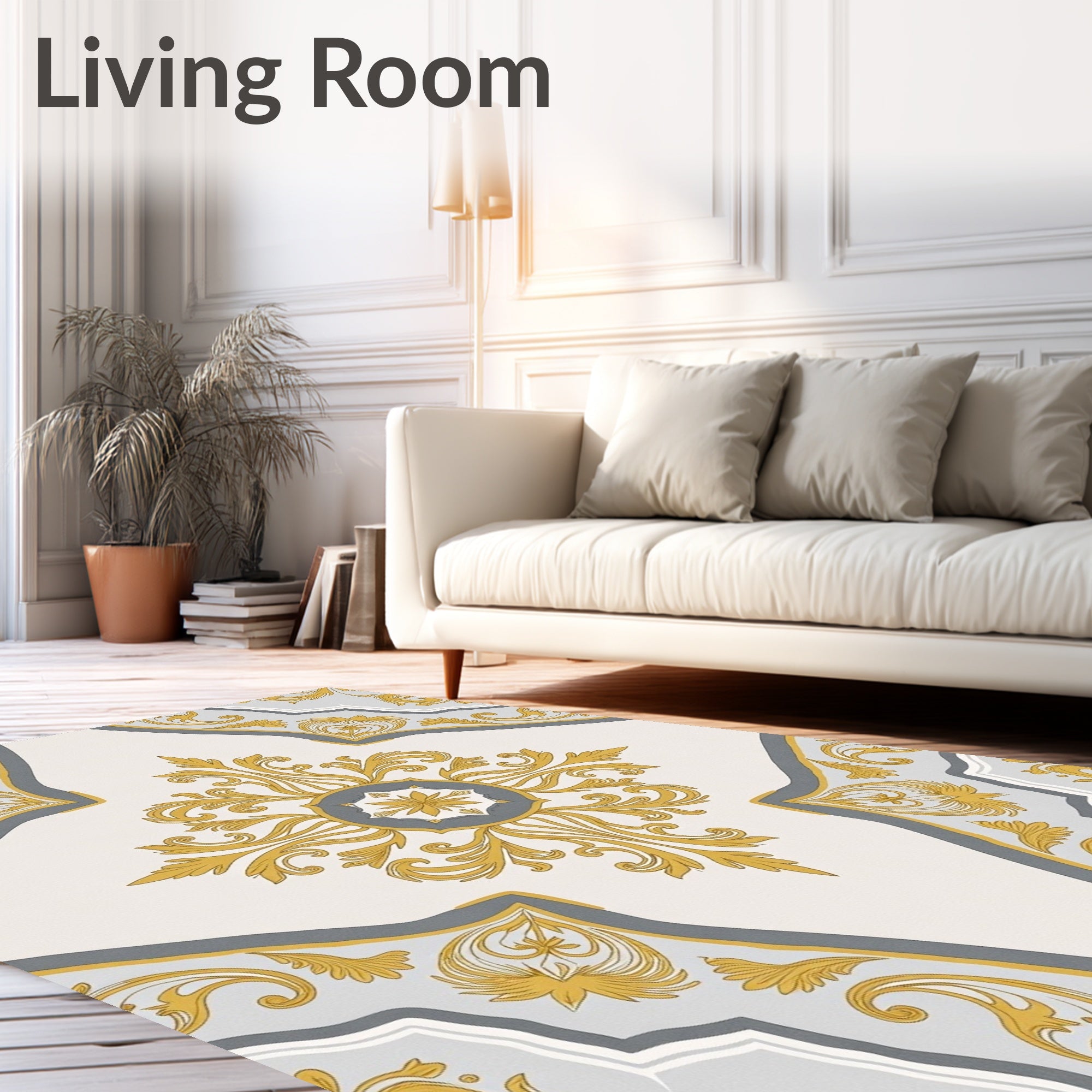 Gold Gray Baroque Scroll Ornament Rug