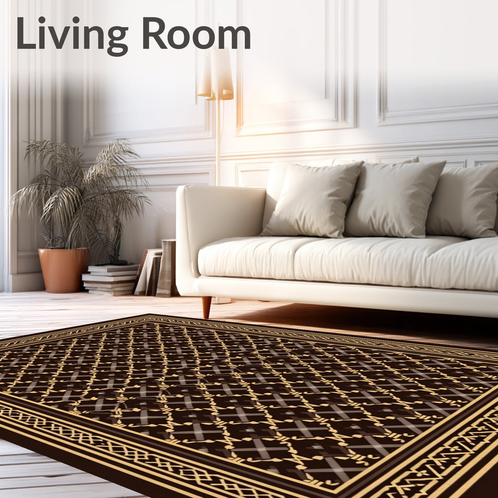 Rich Chocolate Geometric Lattice Border Rug
