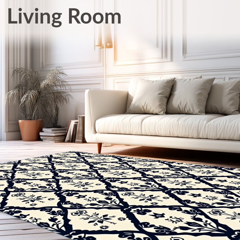 Cream and Navy Floral Trellis Rug