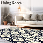 Cream and Navy Floral Trellis Rug