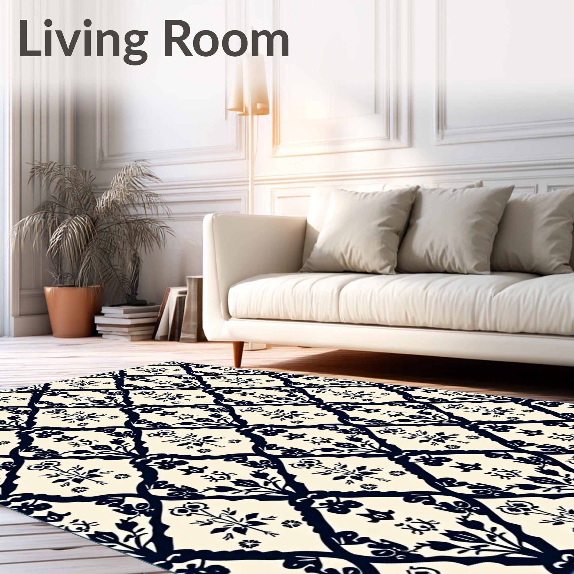 Cream and Navy Floral Trellis Rug
