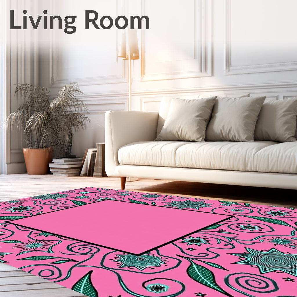 Pink Teal Floral Swirl Starburst Rug
