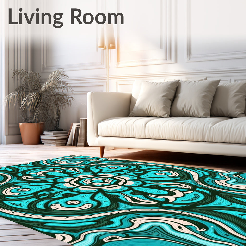 Aqua Teal Ivory Symmetric Floral Rug