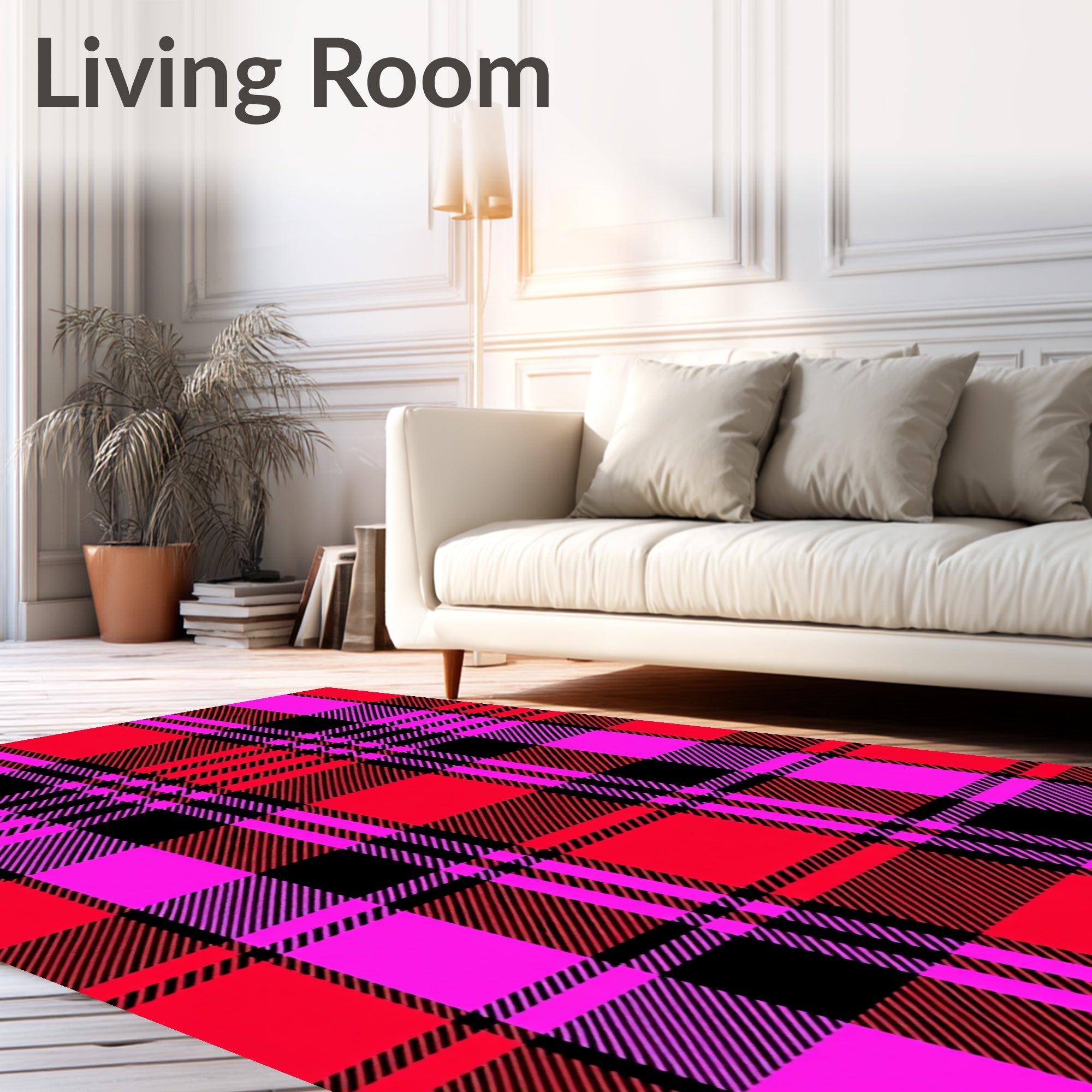 Vibrant Red Pink Black Plaid Rug