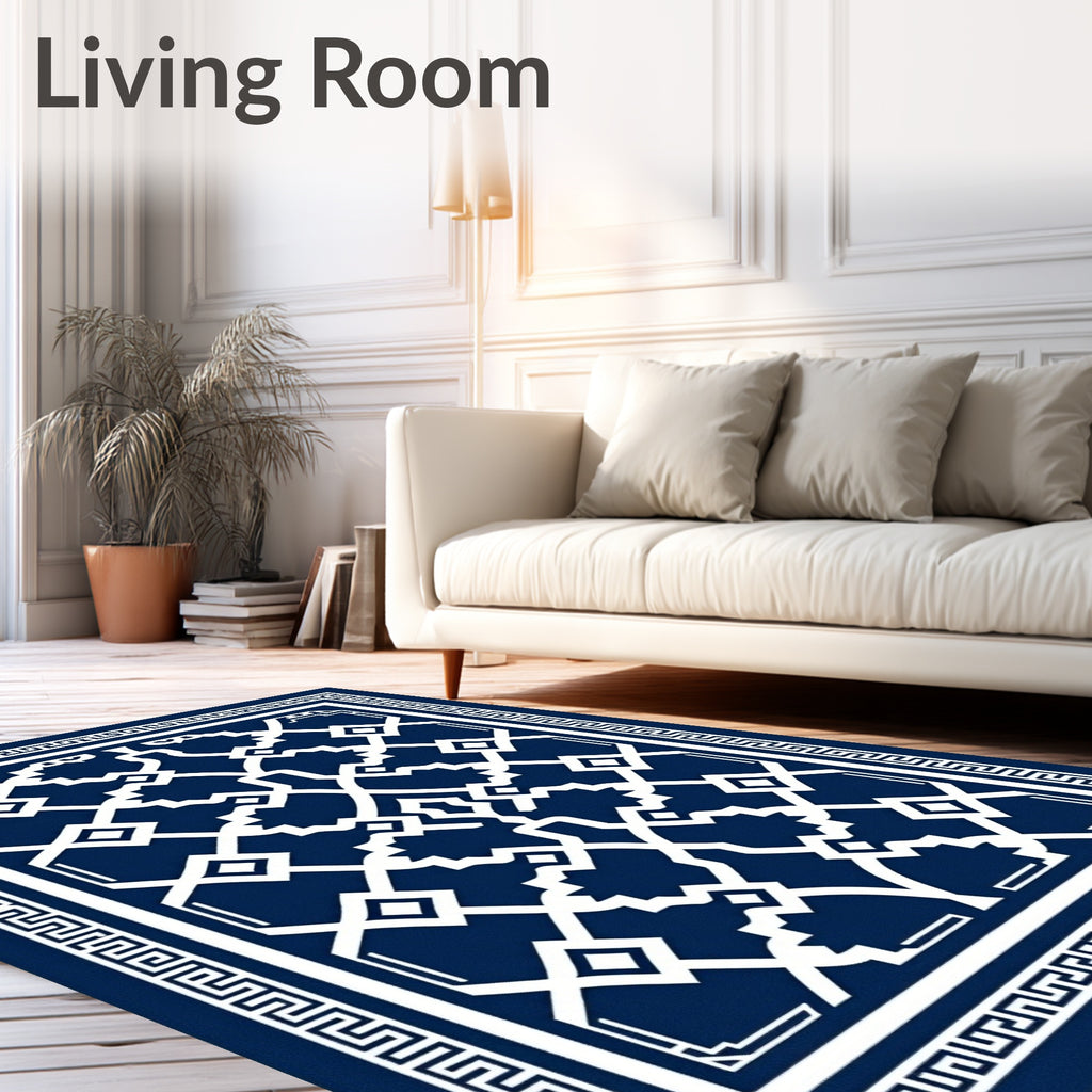 Classic Navy White Geometric Lattice Rug
