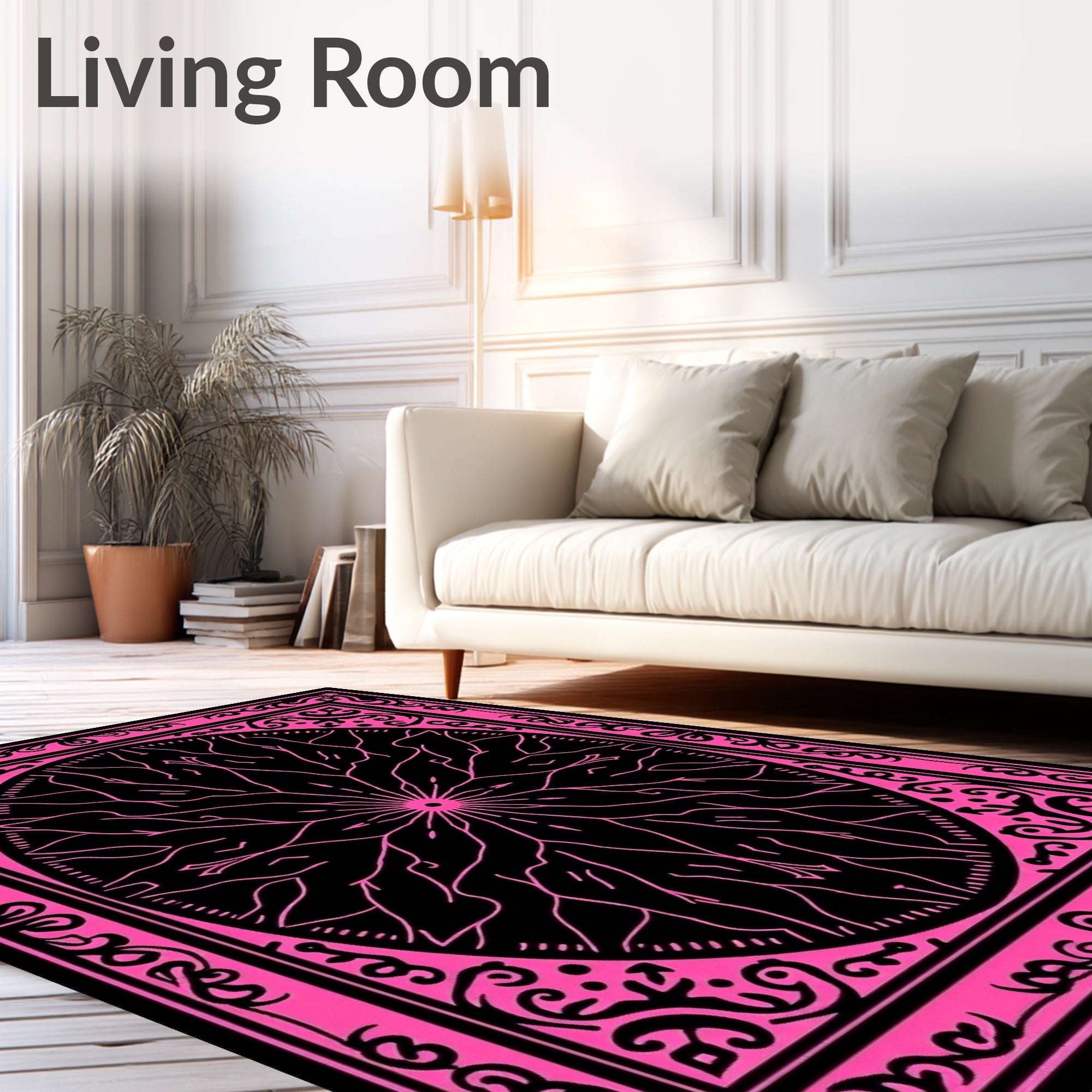 Radiant Pink Black Floral Medallion Rug