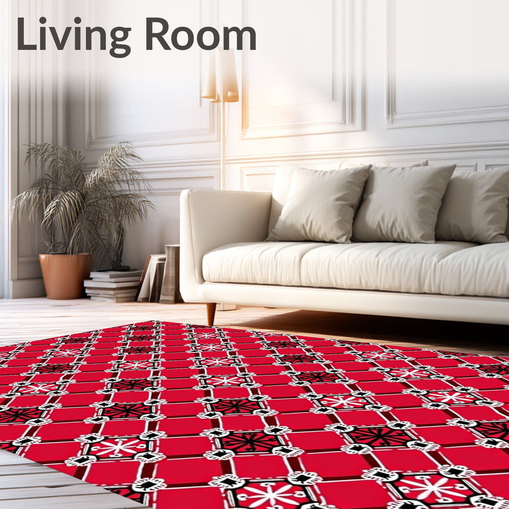 Bold Red White Black Geometric Medallion Rug