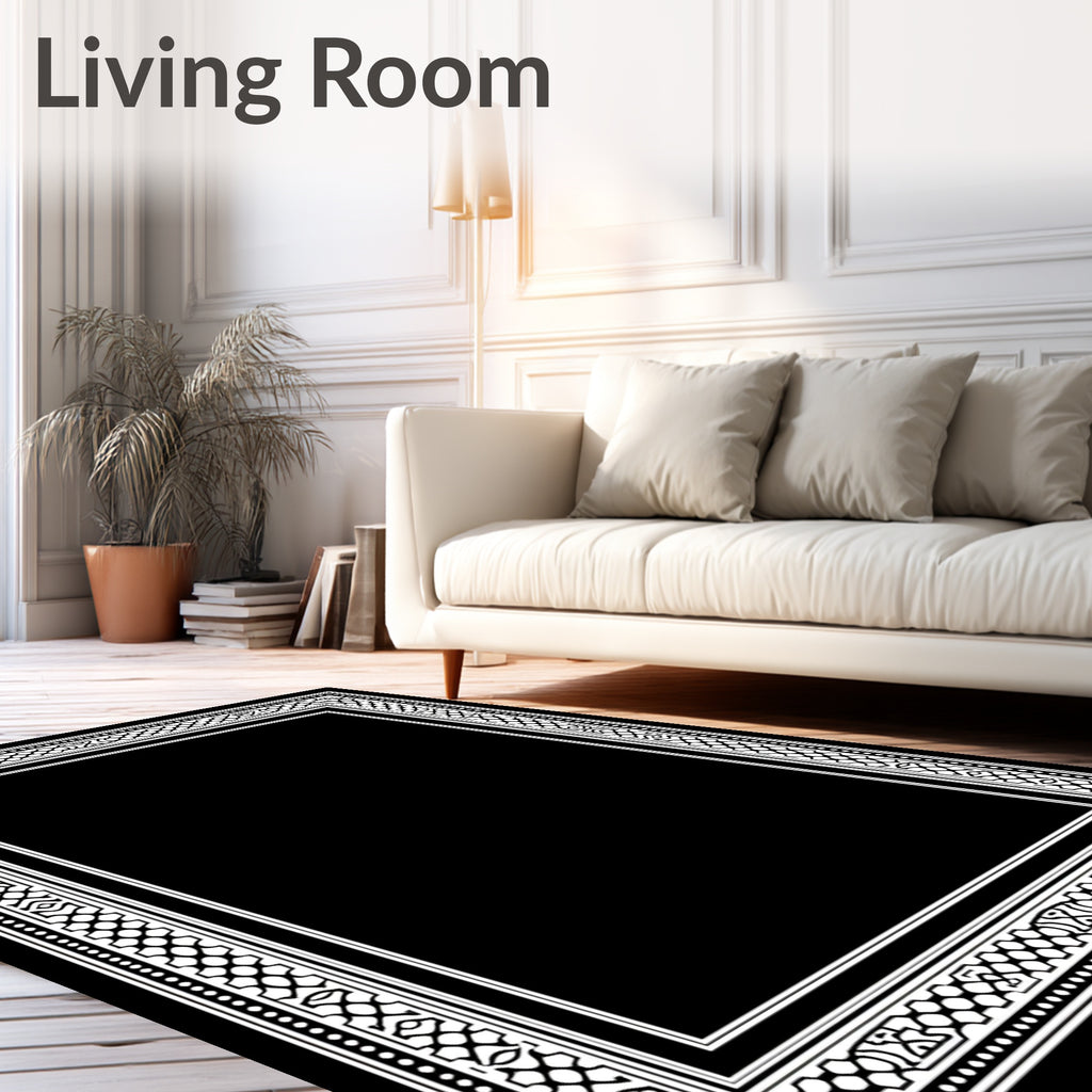 Classic Black White Geometric Border Rug