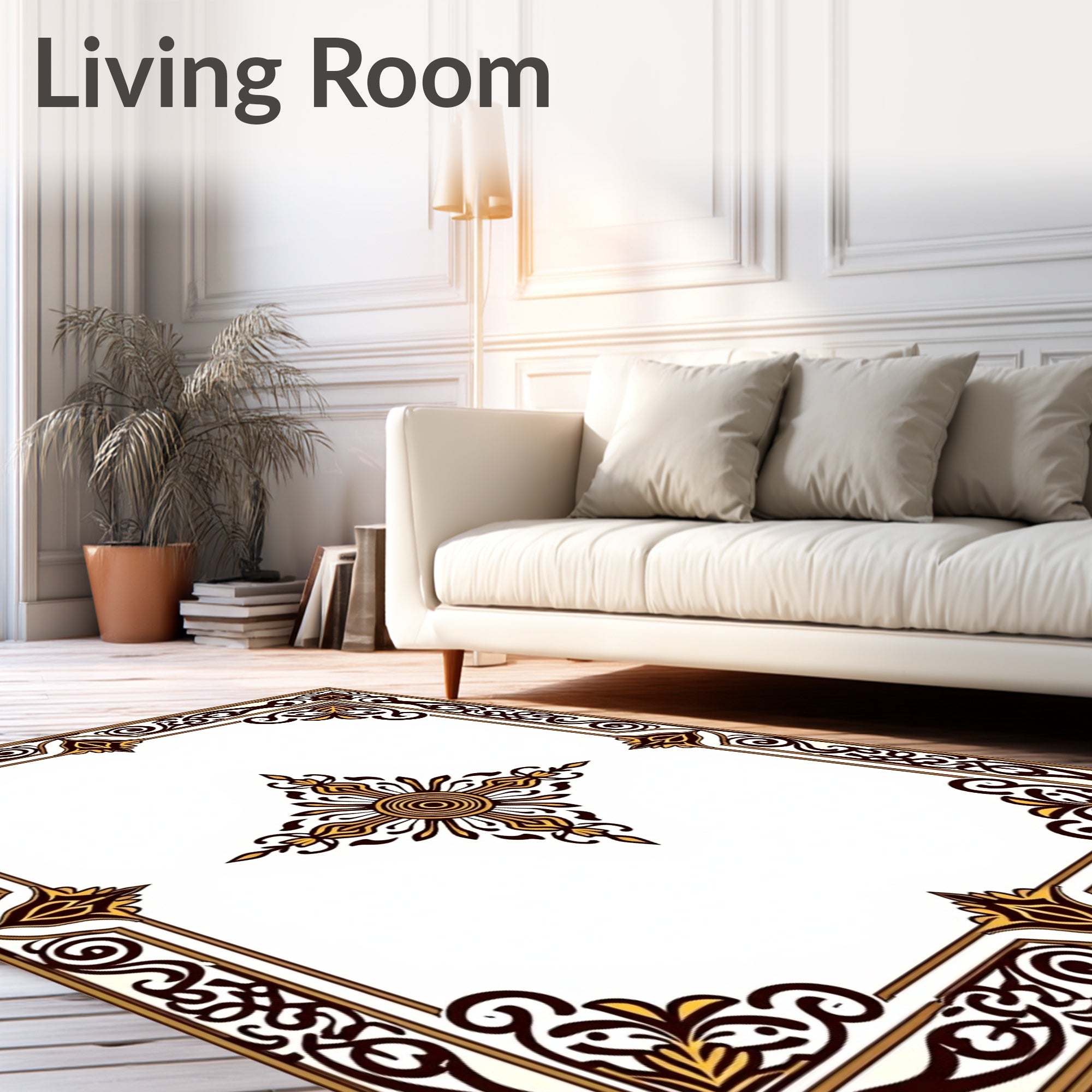 Ornate Golden Brown Floral Frame Rug