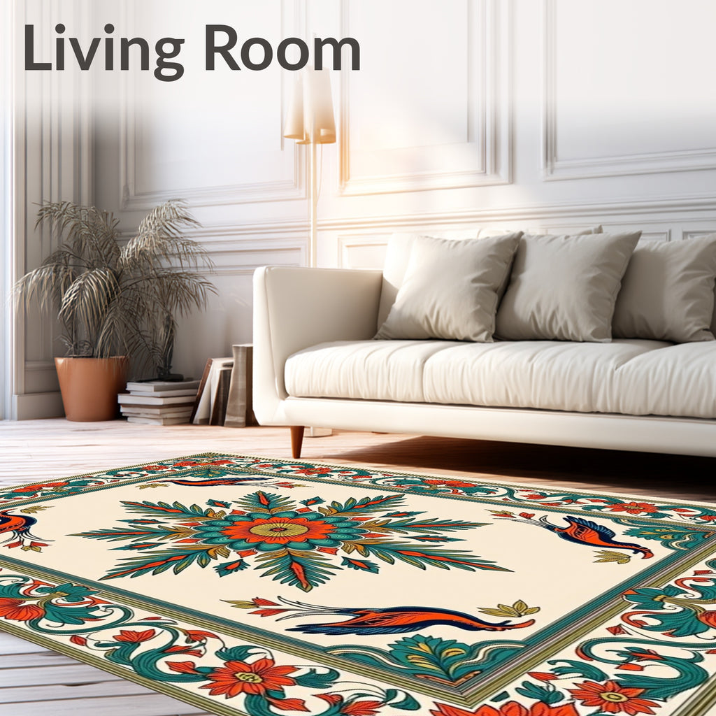 Vibrant Orange Teal Bird Medallion Rug