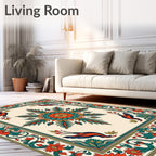 Vibrant Orange Teal Bird Medallion Rug