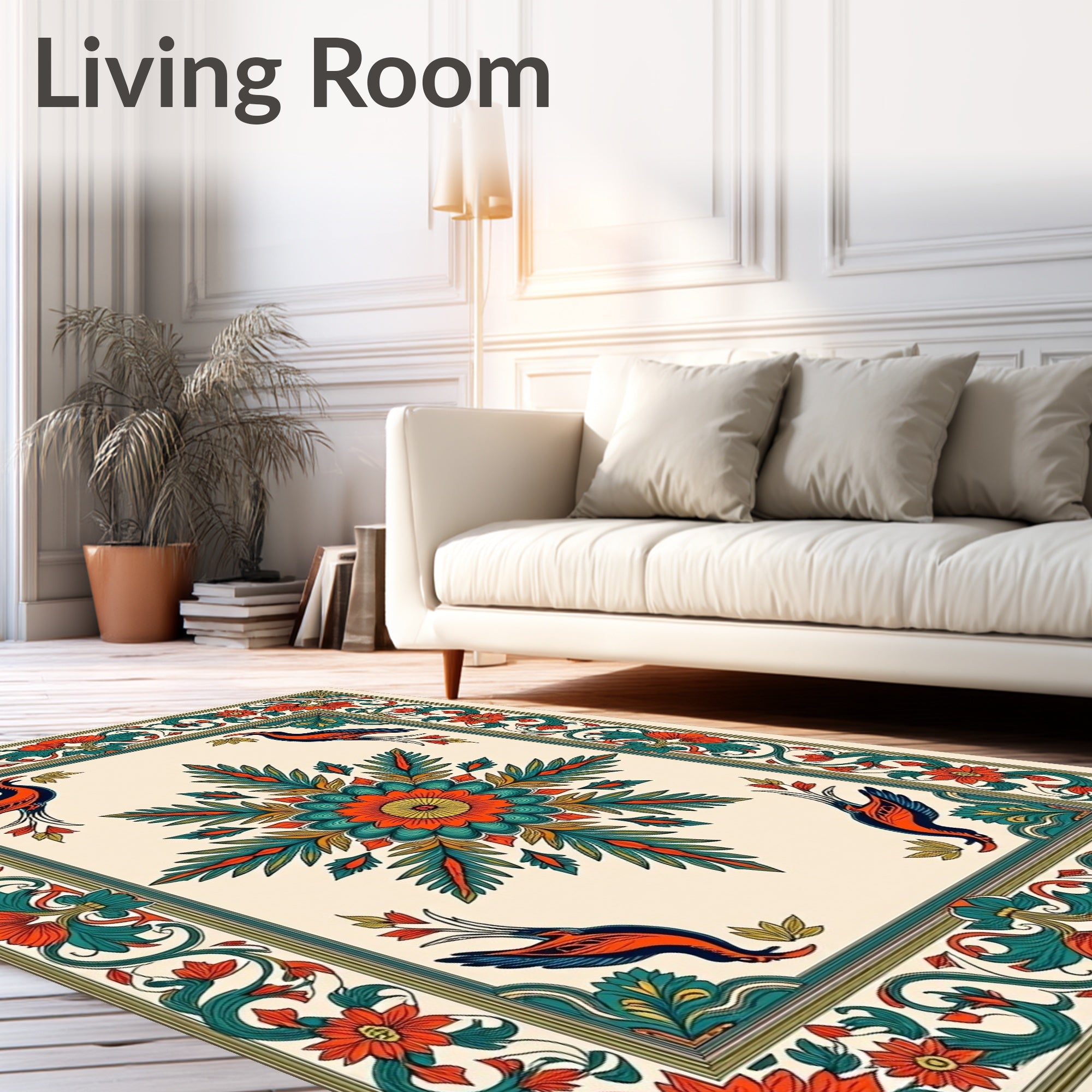 Vibrant Orange Teal Bird Medallion Rug