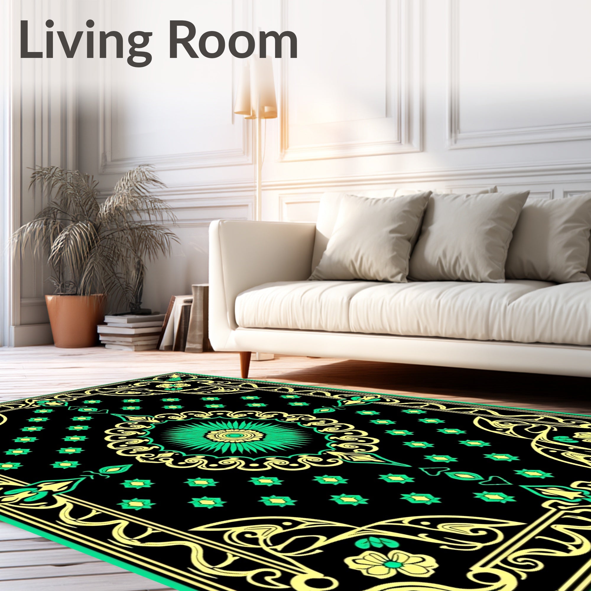 Ornate Black Emerald Floral Medallion Rug