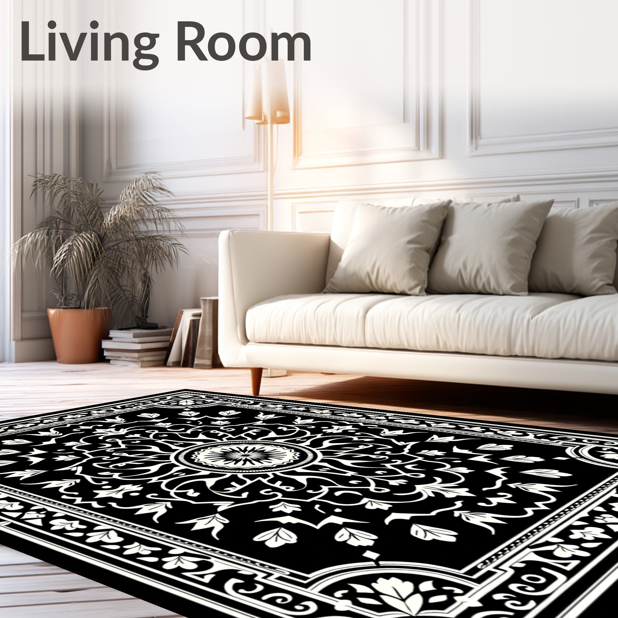 Classic Monochrome Floral Scroll Rug