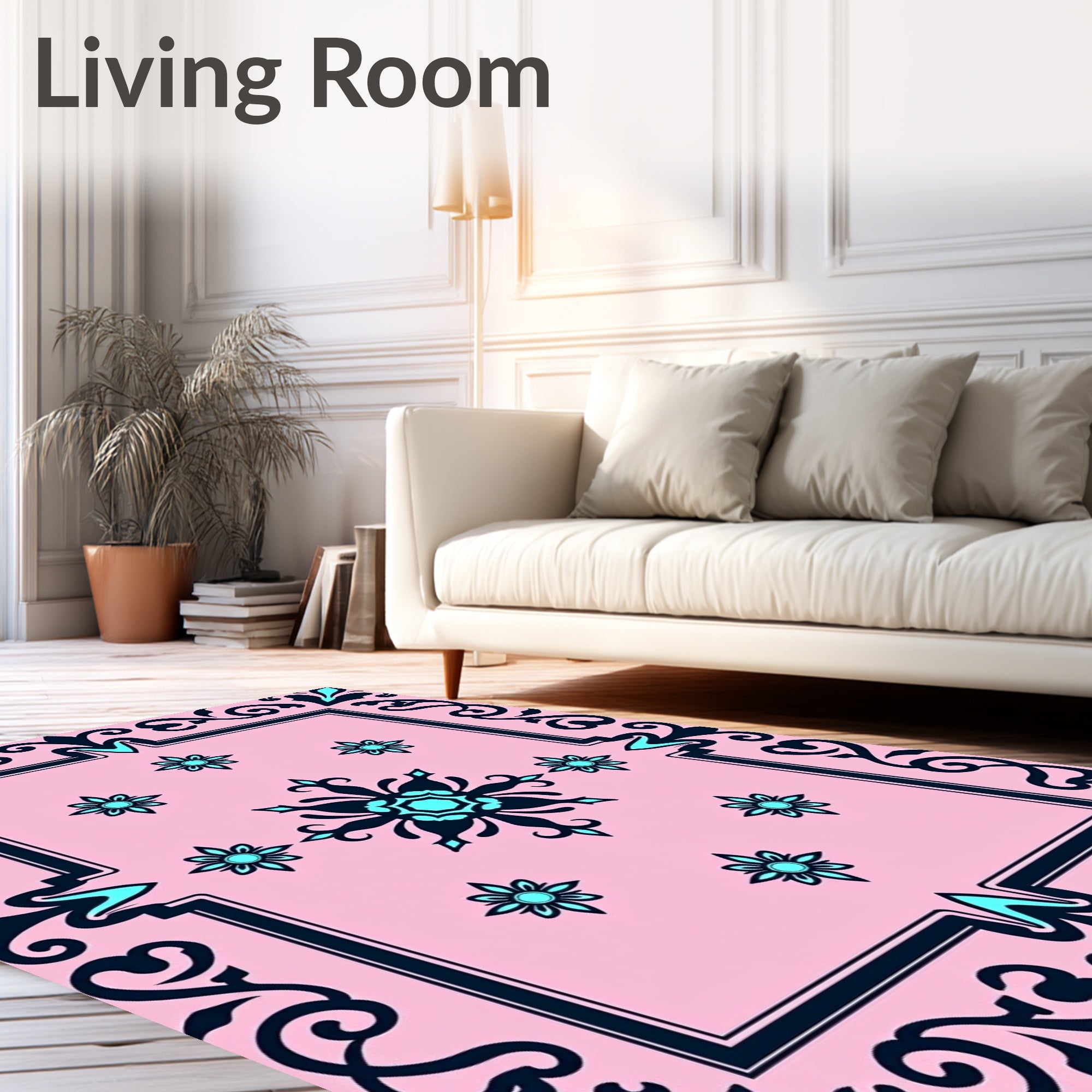 Pink Floral Medallion Arch Scroll Rug