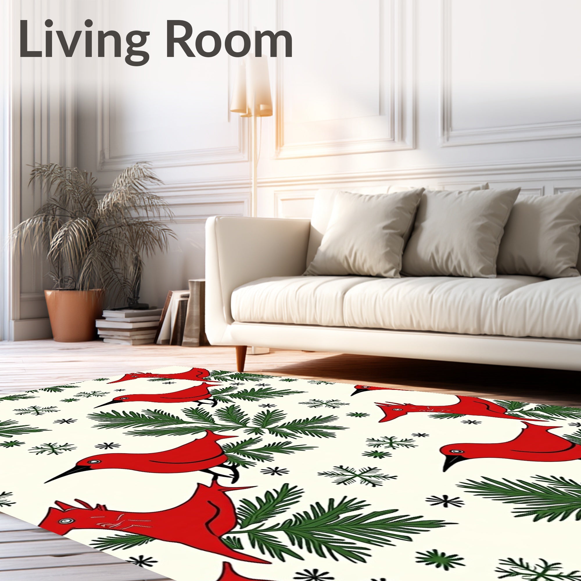 Crimson Birds Evergreen Snowflakes Rug