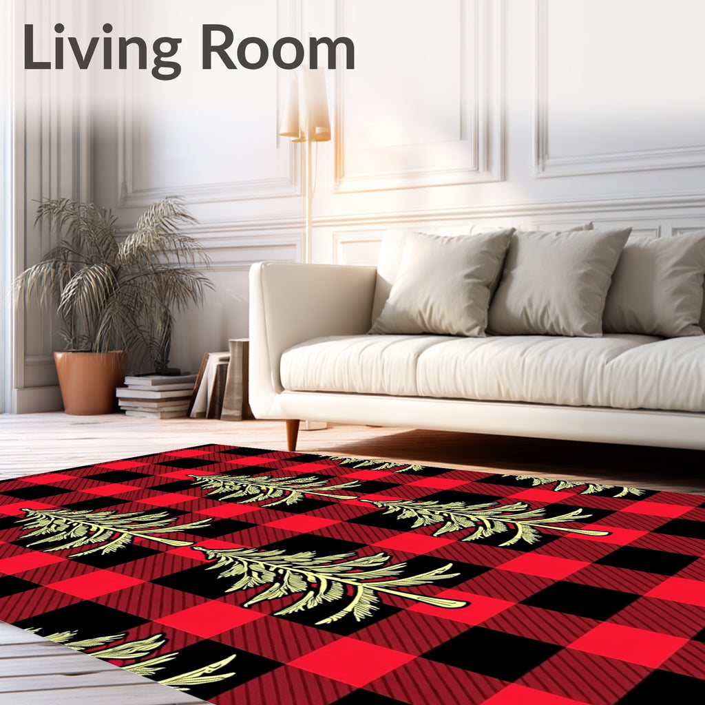 Red Black Buffalo Plaid Pine Tree Rug