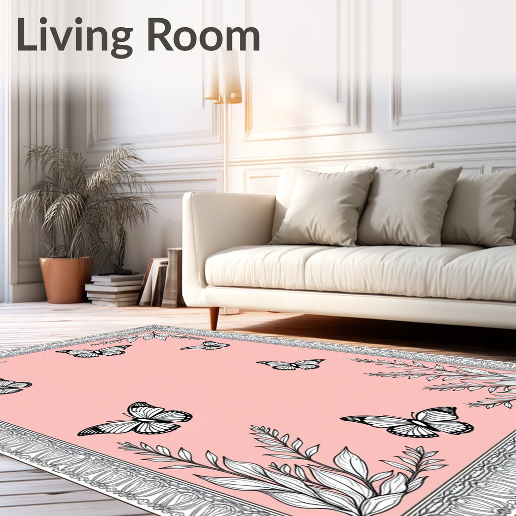 Pink Butterfly Garden Outline Border Rug