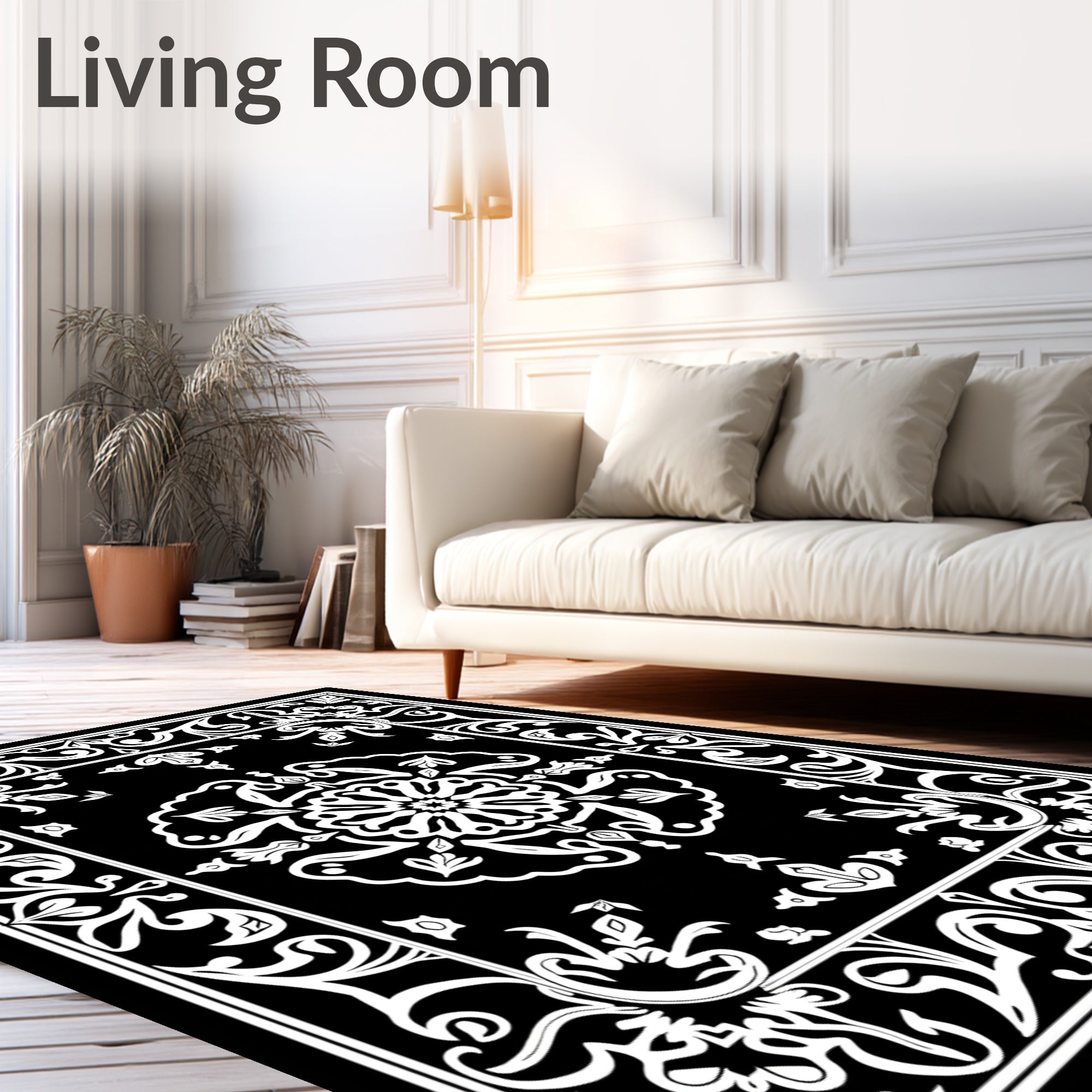 Classic Black White Floral Mandala Rug