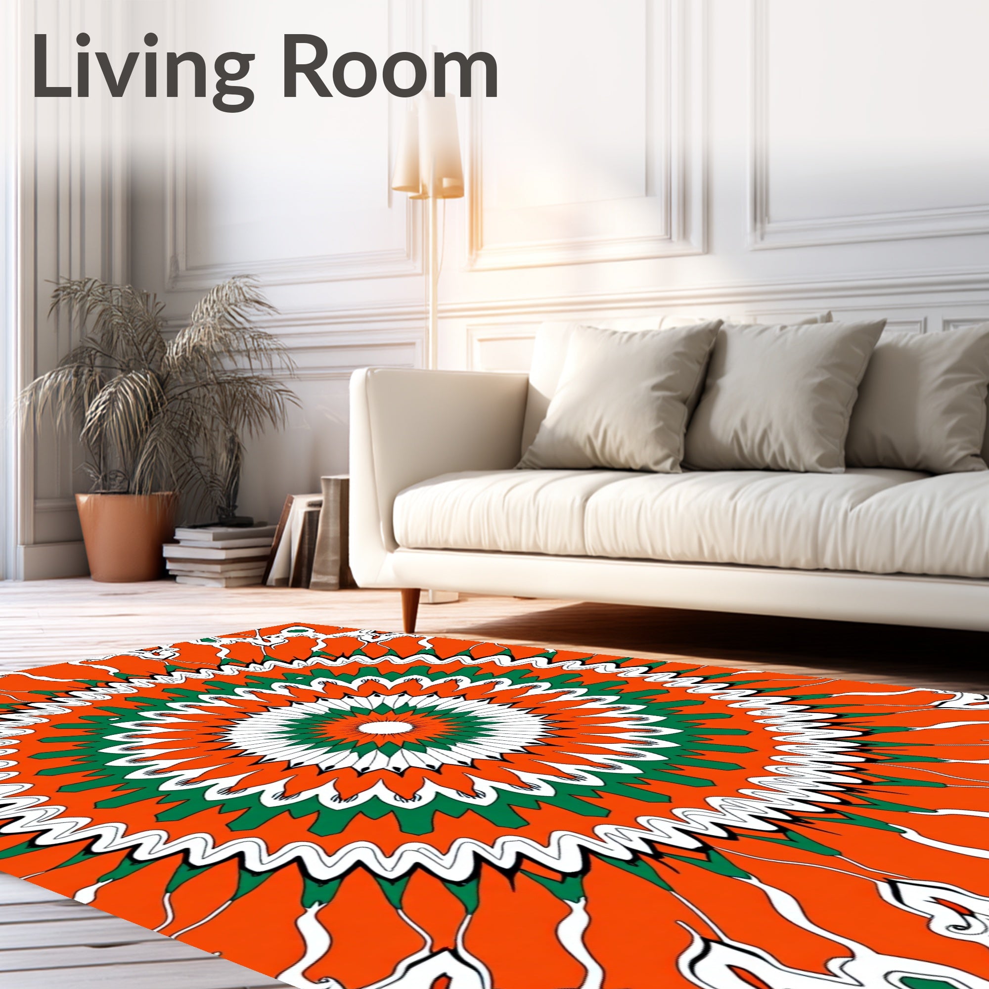 Vibrant Orange Green Sunburst Mandala Rug
