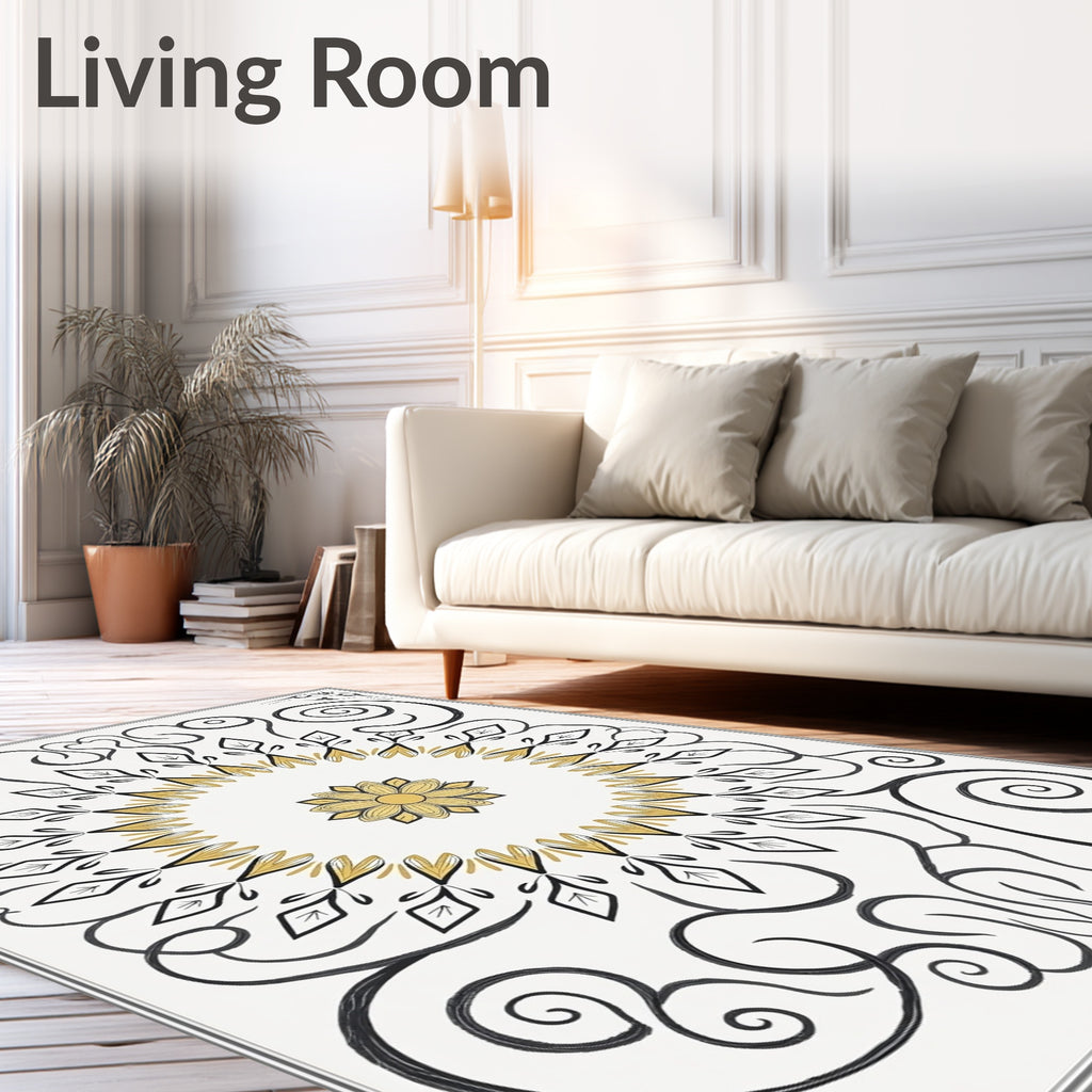 Gold Black Floral Medallion Scroll Rug