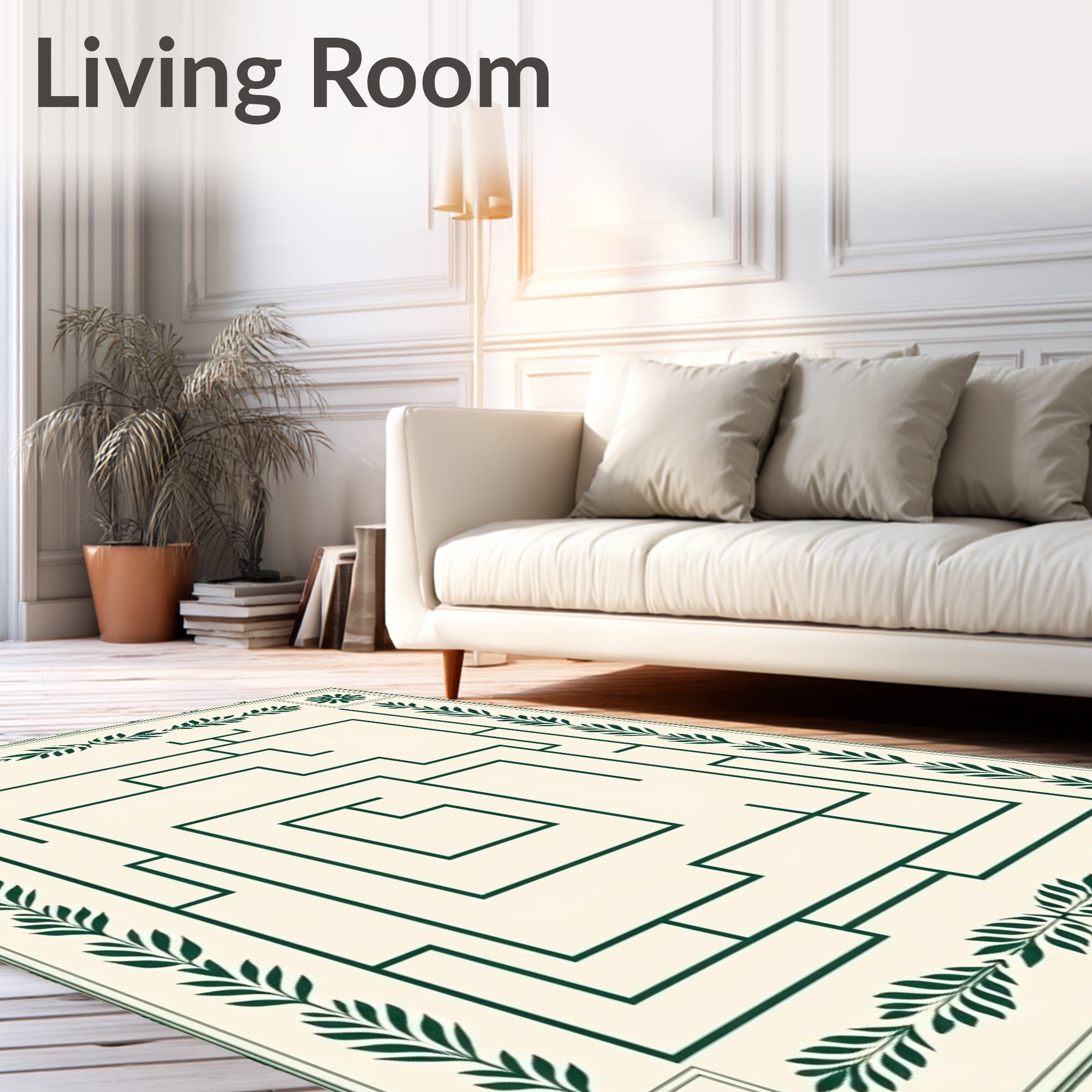 Cream and Emerald Maze Botanical Border Rug