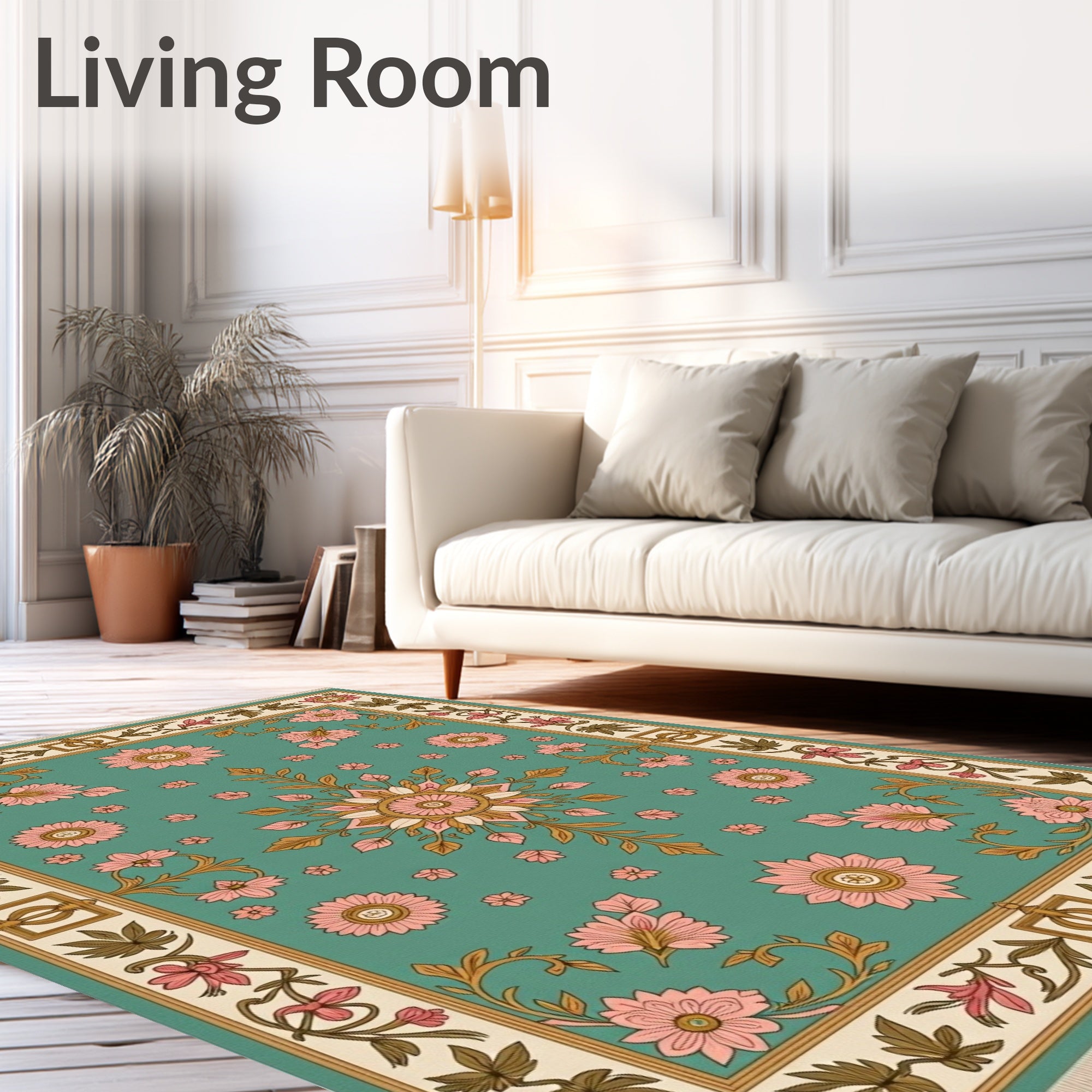 Aqua Pink Floral Medallion Border Rug