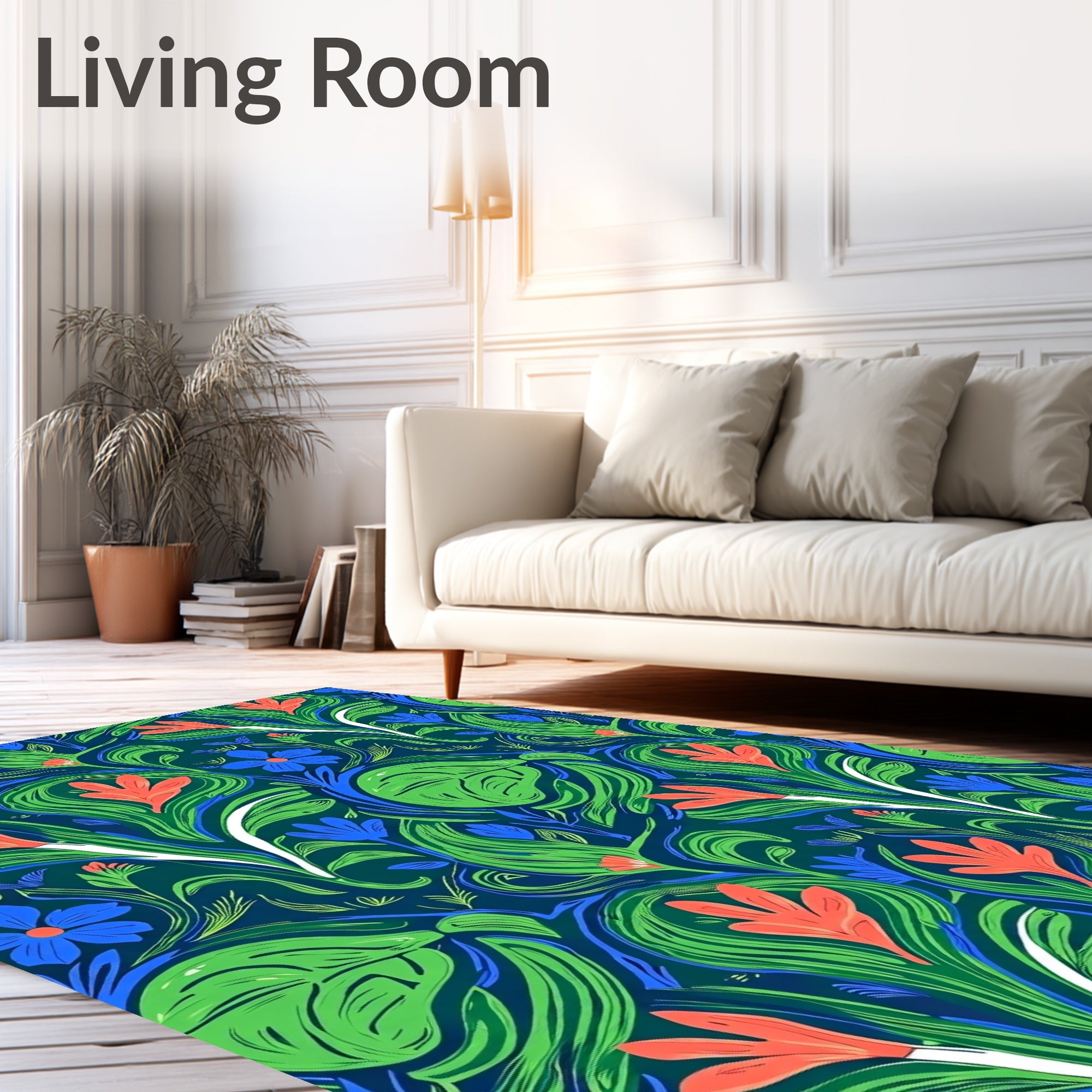 Bold Coral Blue Green Floral Swirls Rug