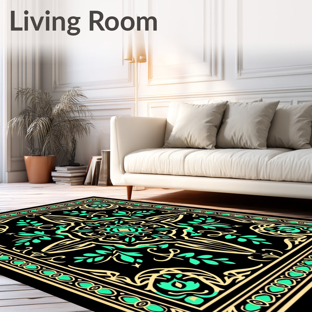 Golden Teal Scroll Medallion Rug