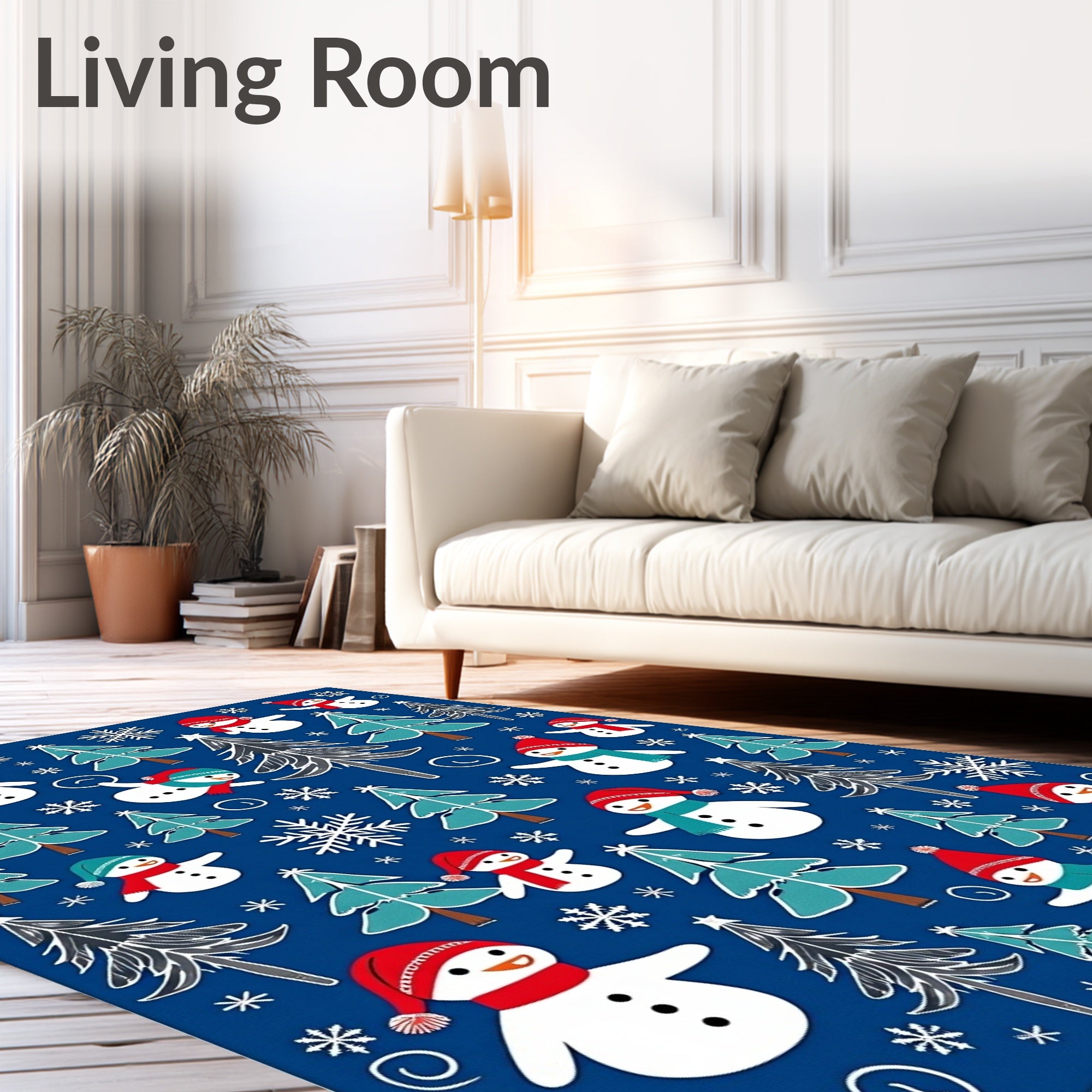 Happy Snowman Winter Forest Blue Rug
