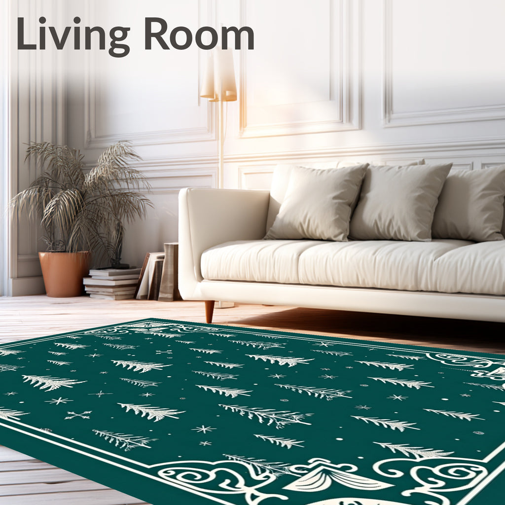 Deep Teal Winter Forest Border Rug