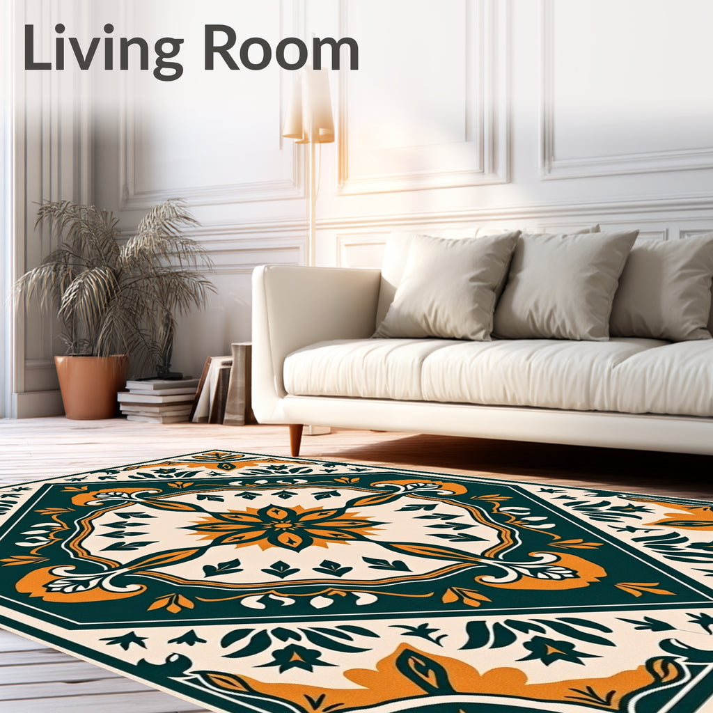Emerald Orange Floral Medallion Garden Rug