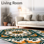 Emerald Orange Floral Medallion Garden Rug