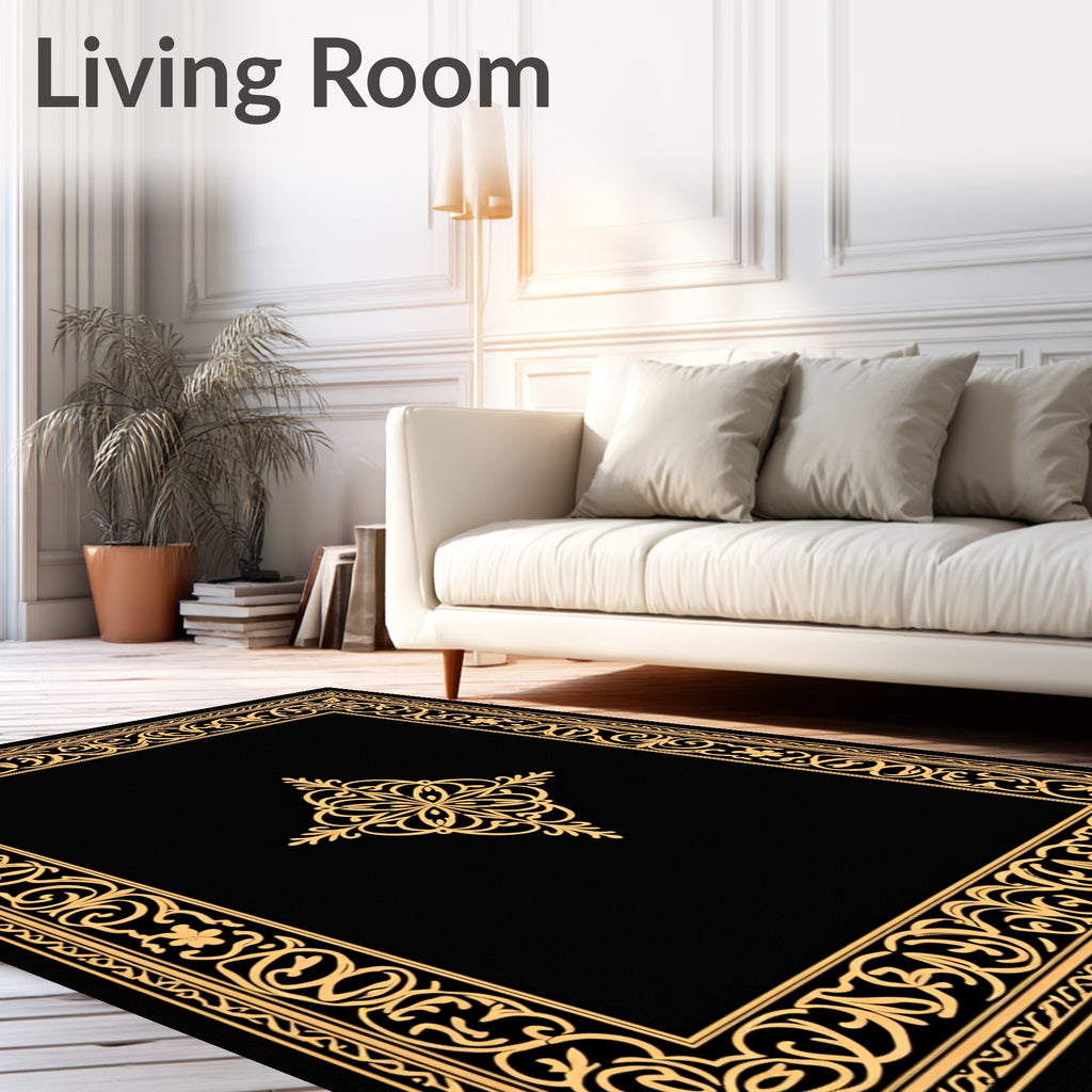 Golden Ornate Floral Border Rug