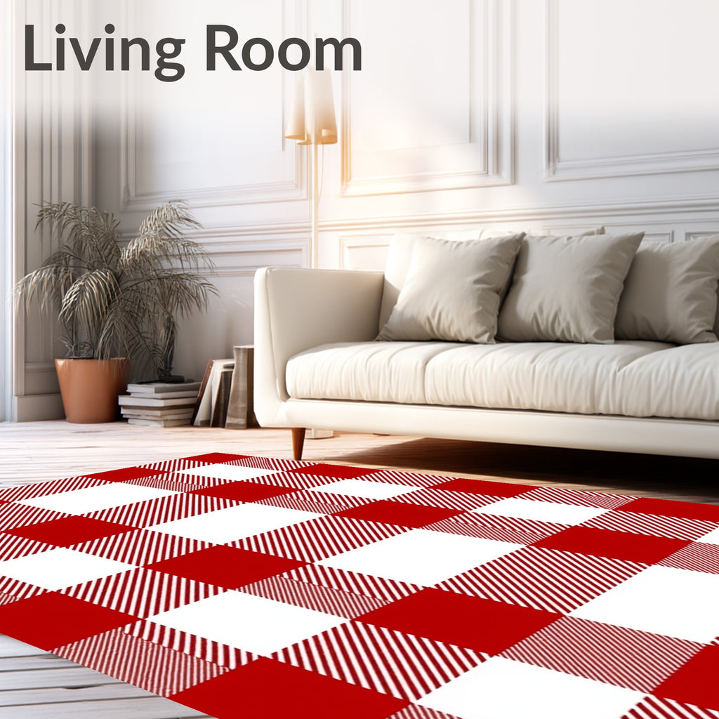 Crimson White Plaid Checkered Squares Rug