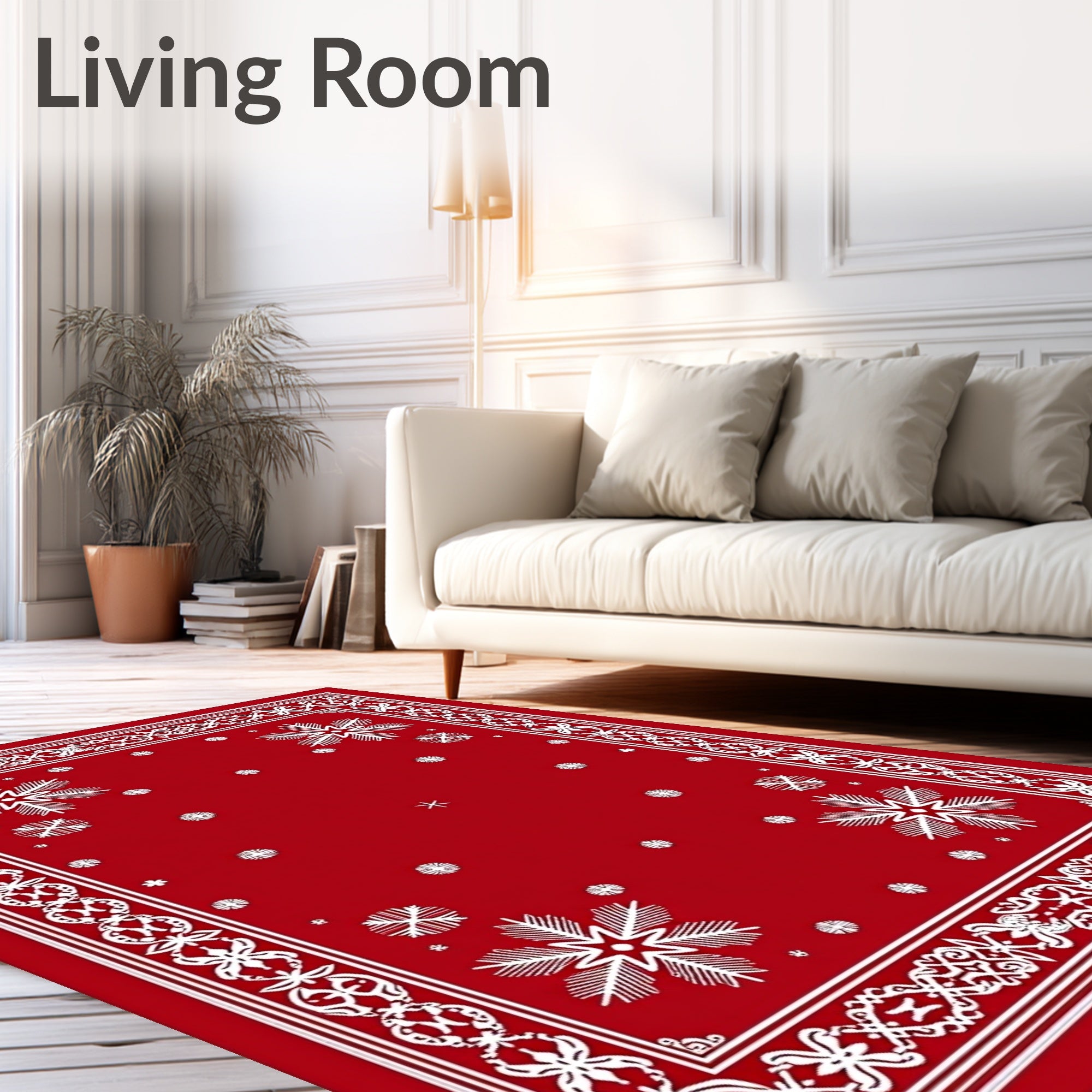 Crimson White Snowflake Medallion Border Rug